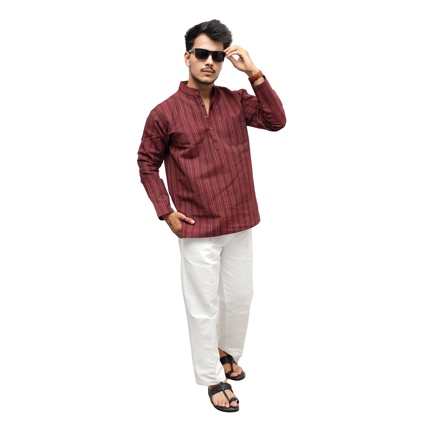 Breeze Striped Full Sleeves Short Kurta-Maroon