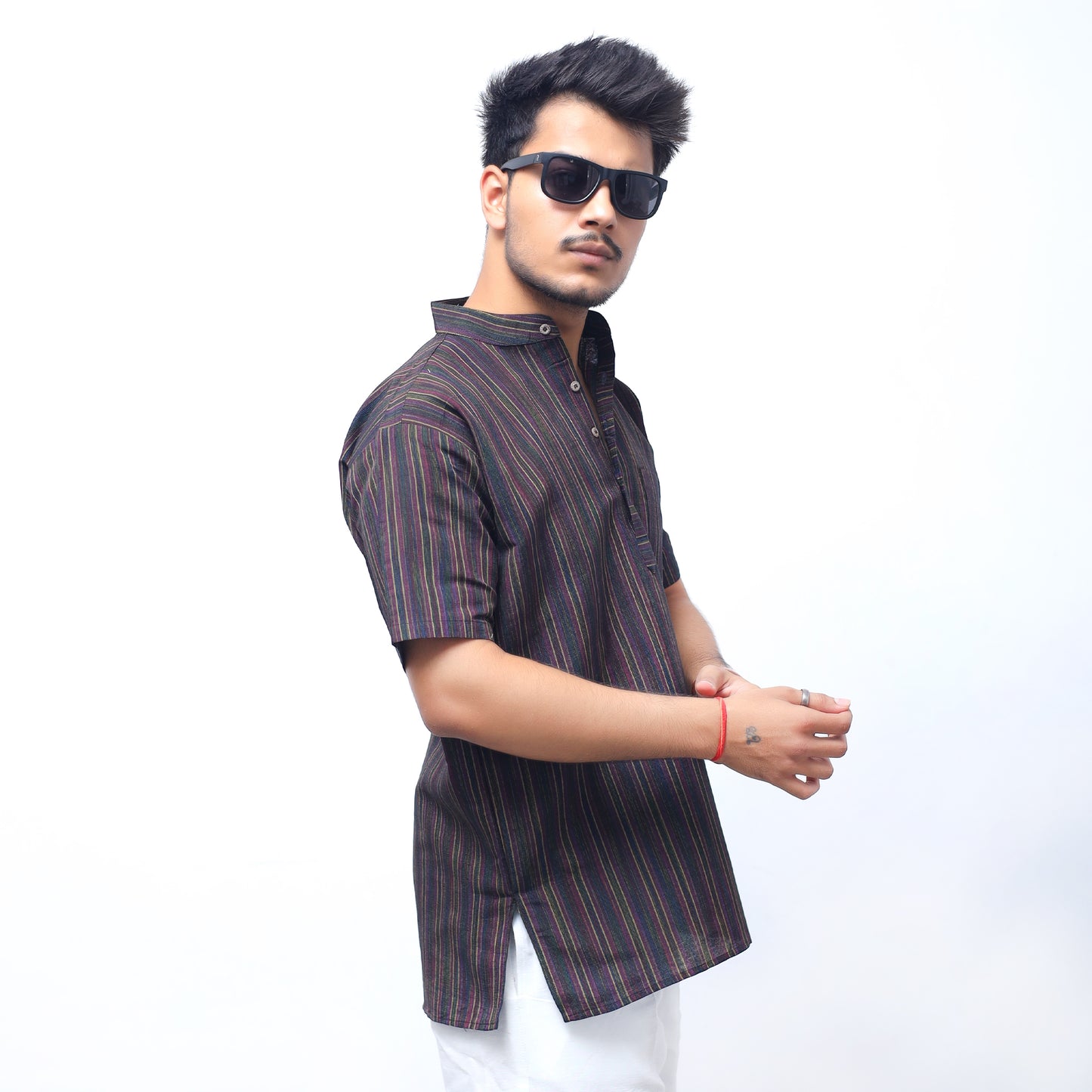 Breeze Striped Half Sleeves Short Kurta-Black