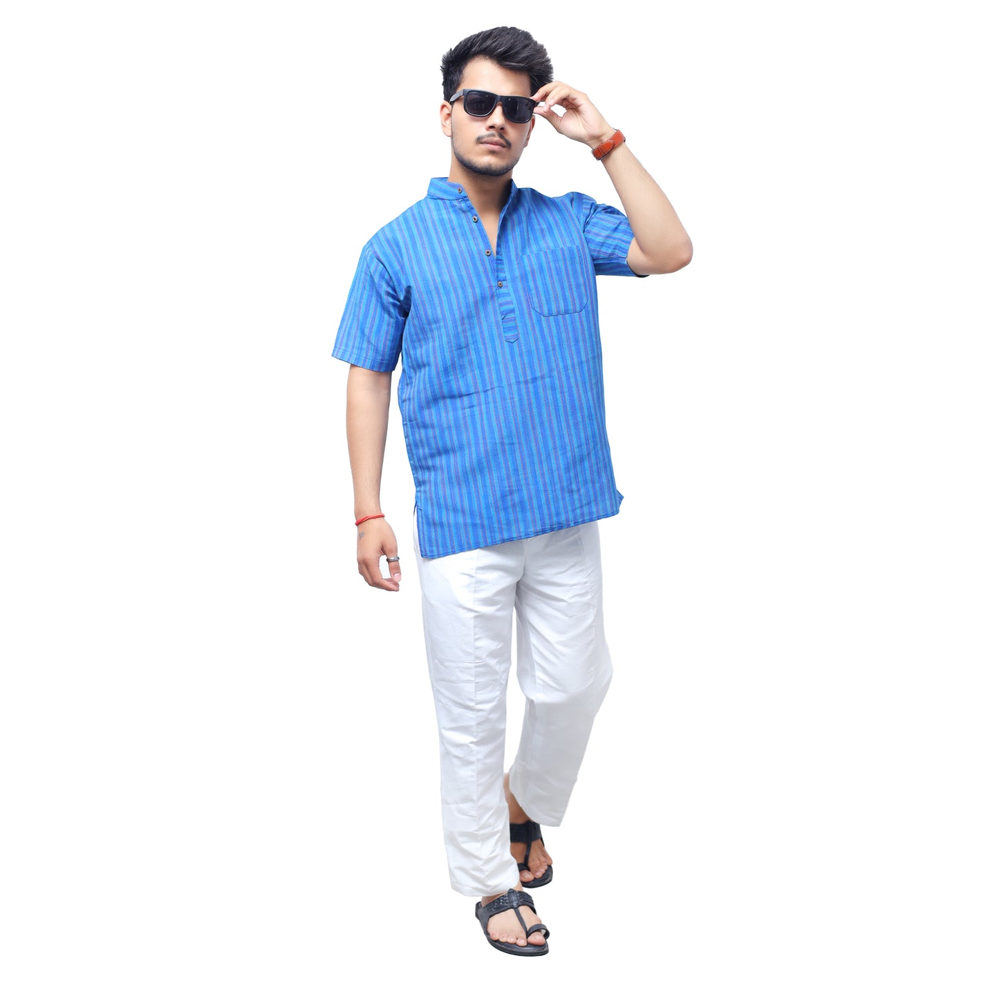 Breeze Striped Half Sleeves Short Kurta-Blue