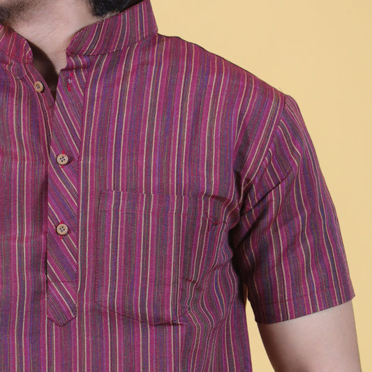 Breeze Striped Half Sleeves Short Kurta-Maroon