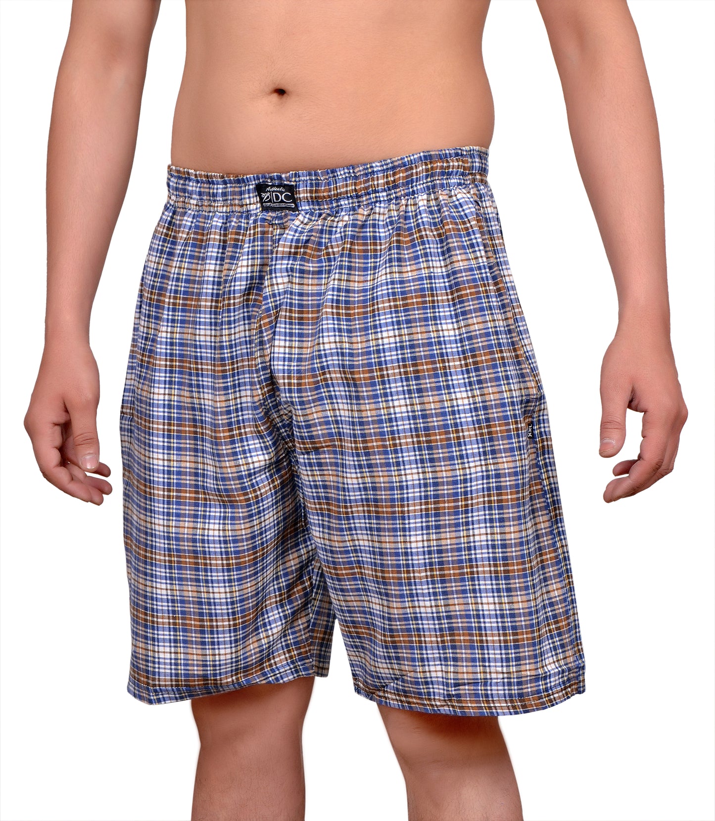 A pair of blue checkered cotton shorts with a elastic waistband and chain-buttoned pockets