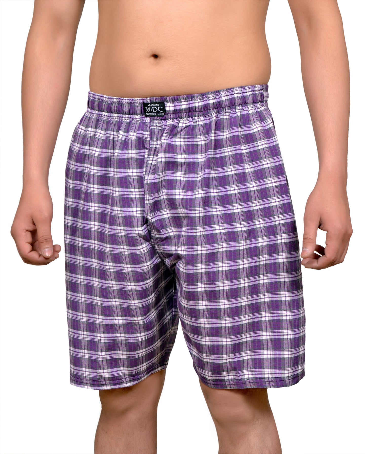A pair of purple check cotton shorts with a chain-link fly closure.