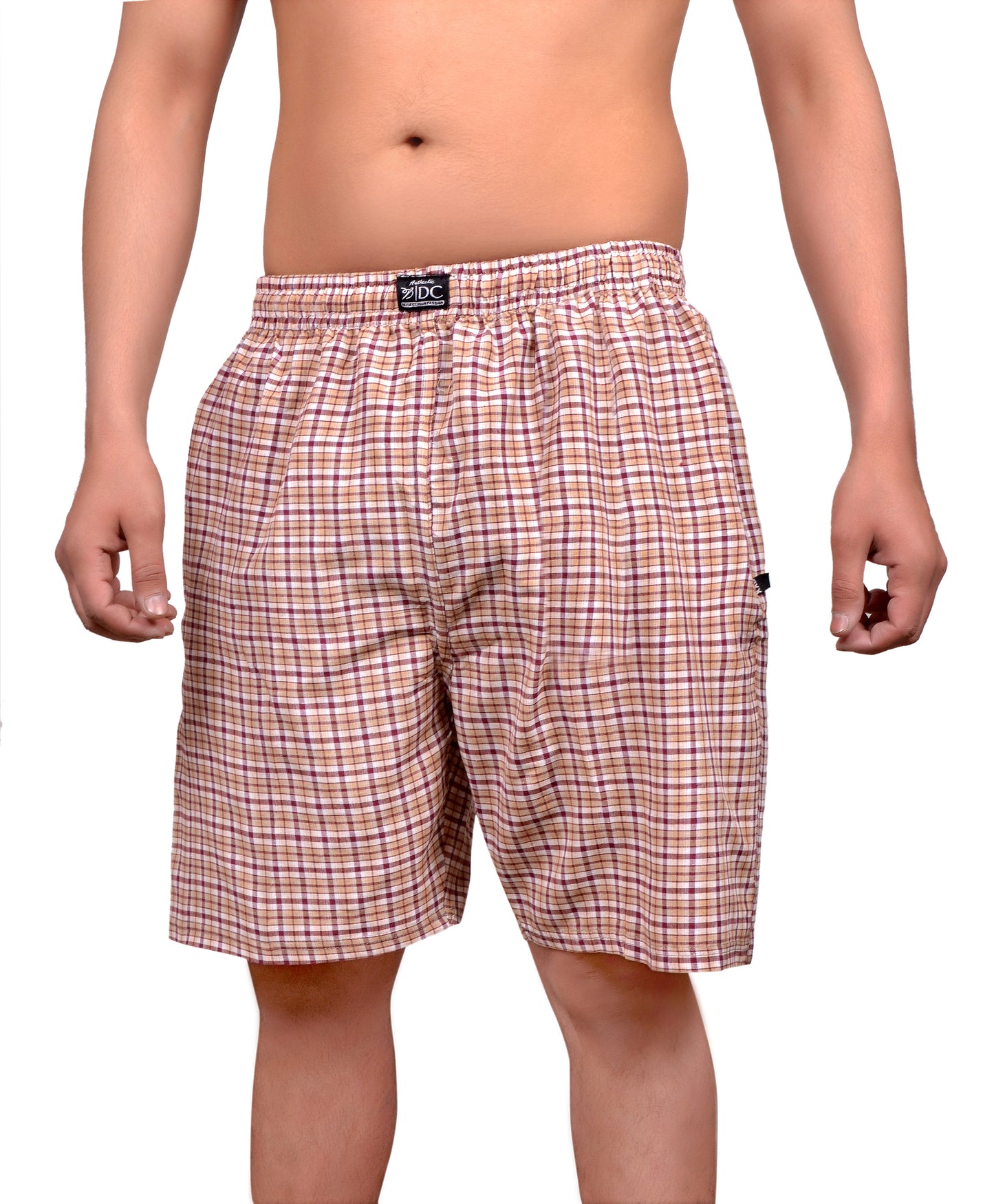 A pair of checkered cotton shorts in a red and blue pattern with a chain-link fastener at the waist.