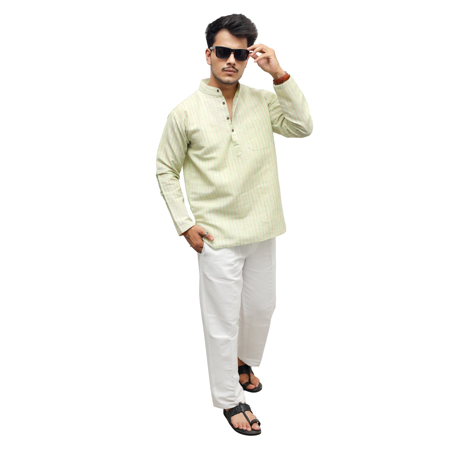 Golden Striped Full Sleeves Short Kurta-Green