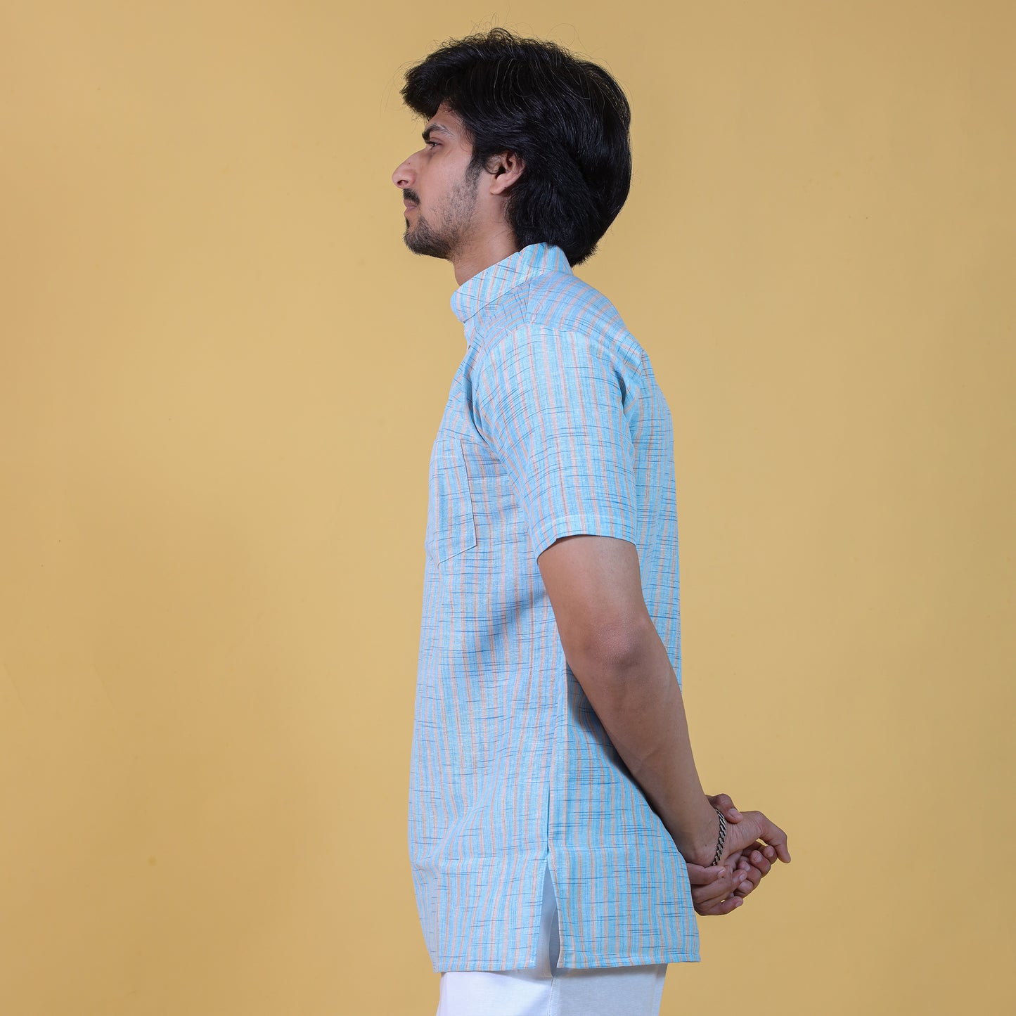 Combo Set Golden Striped Half Sleeves Short Kurta Pant-Blue