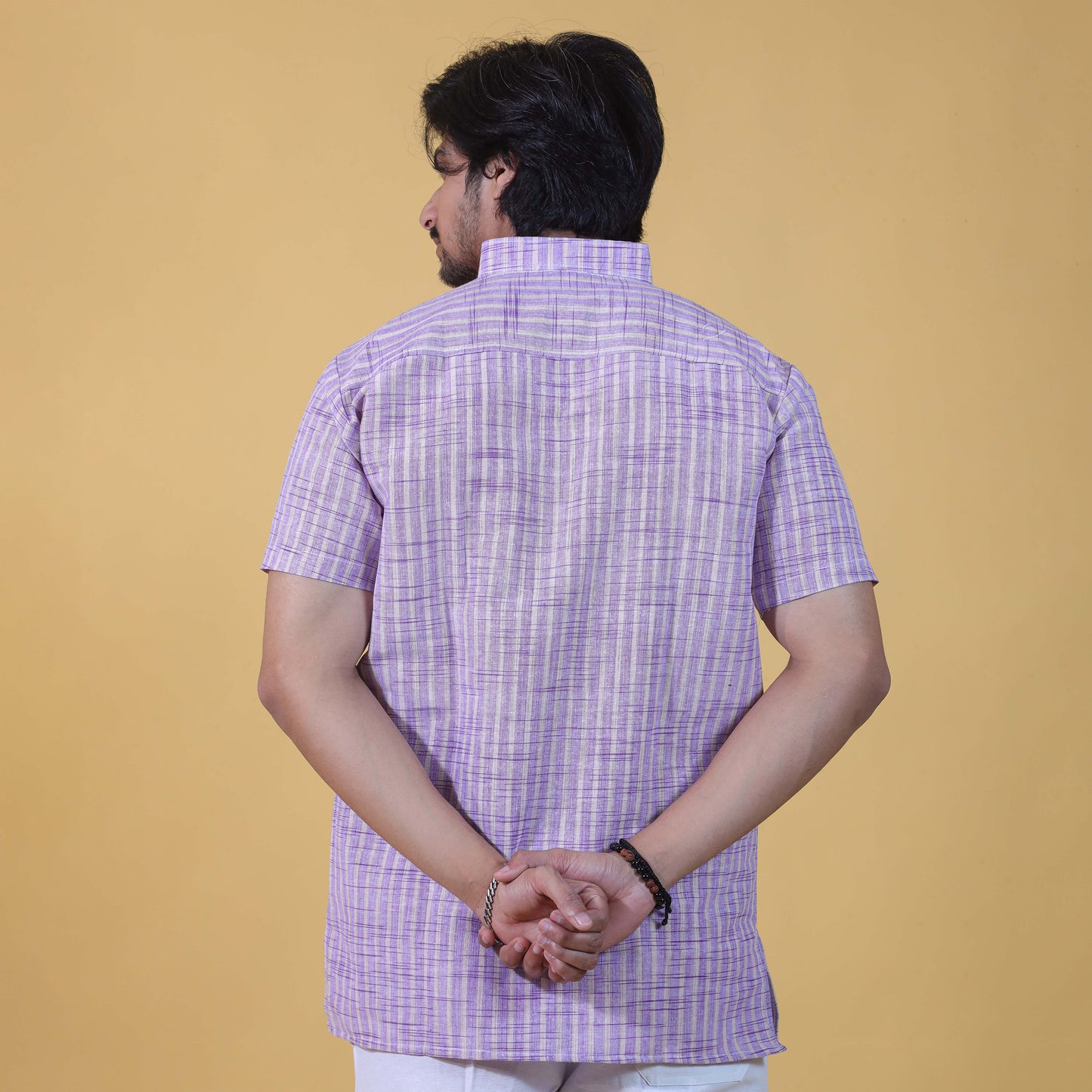Golden Striped Half Sleeves Short Kurta-Purple