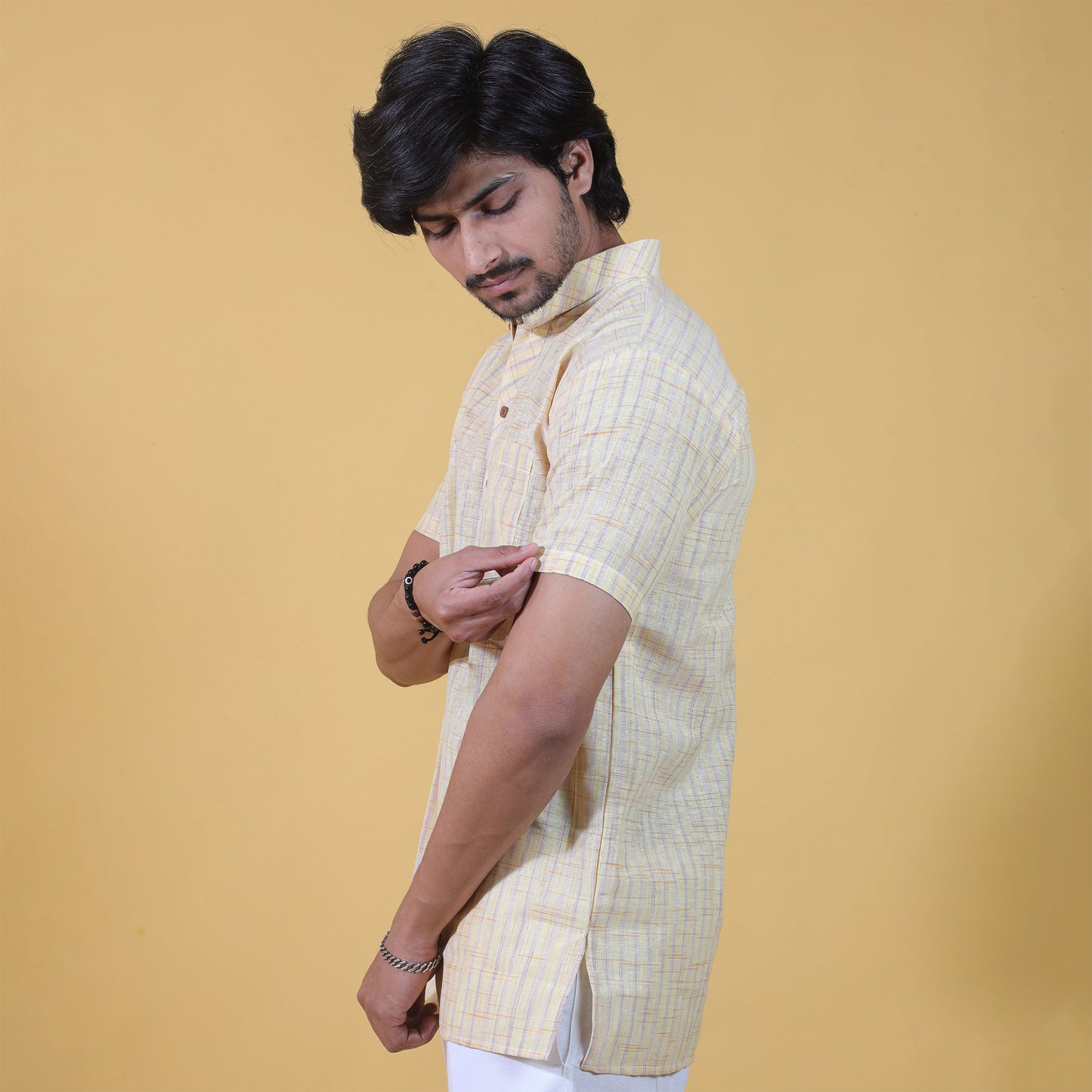 Combo Set Golden Striped Half Sleeves Short Kurta Pant-Yellow