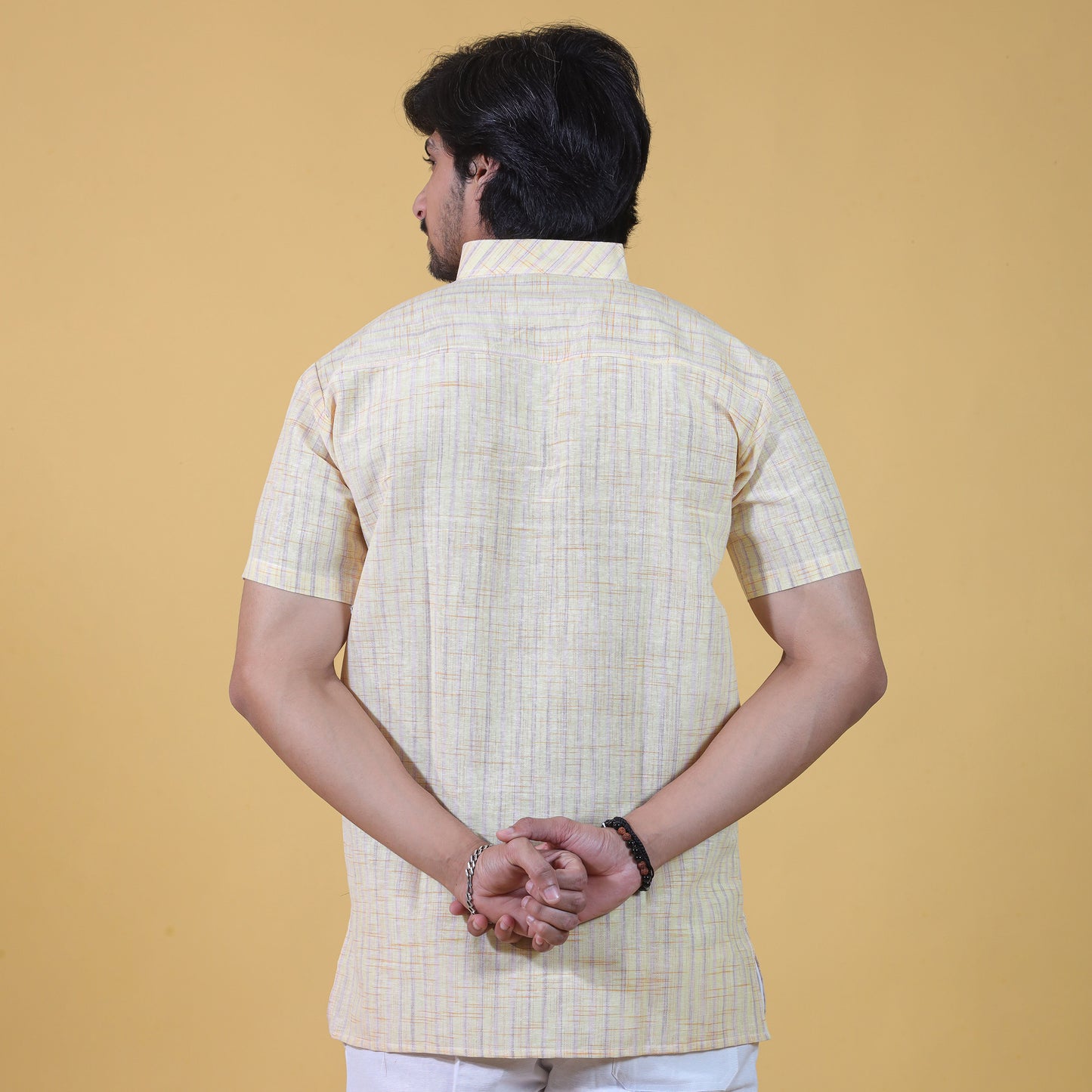 Golden Striped Half Sleeves Short Kurta-Yellow