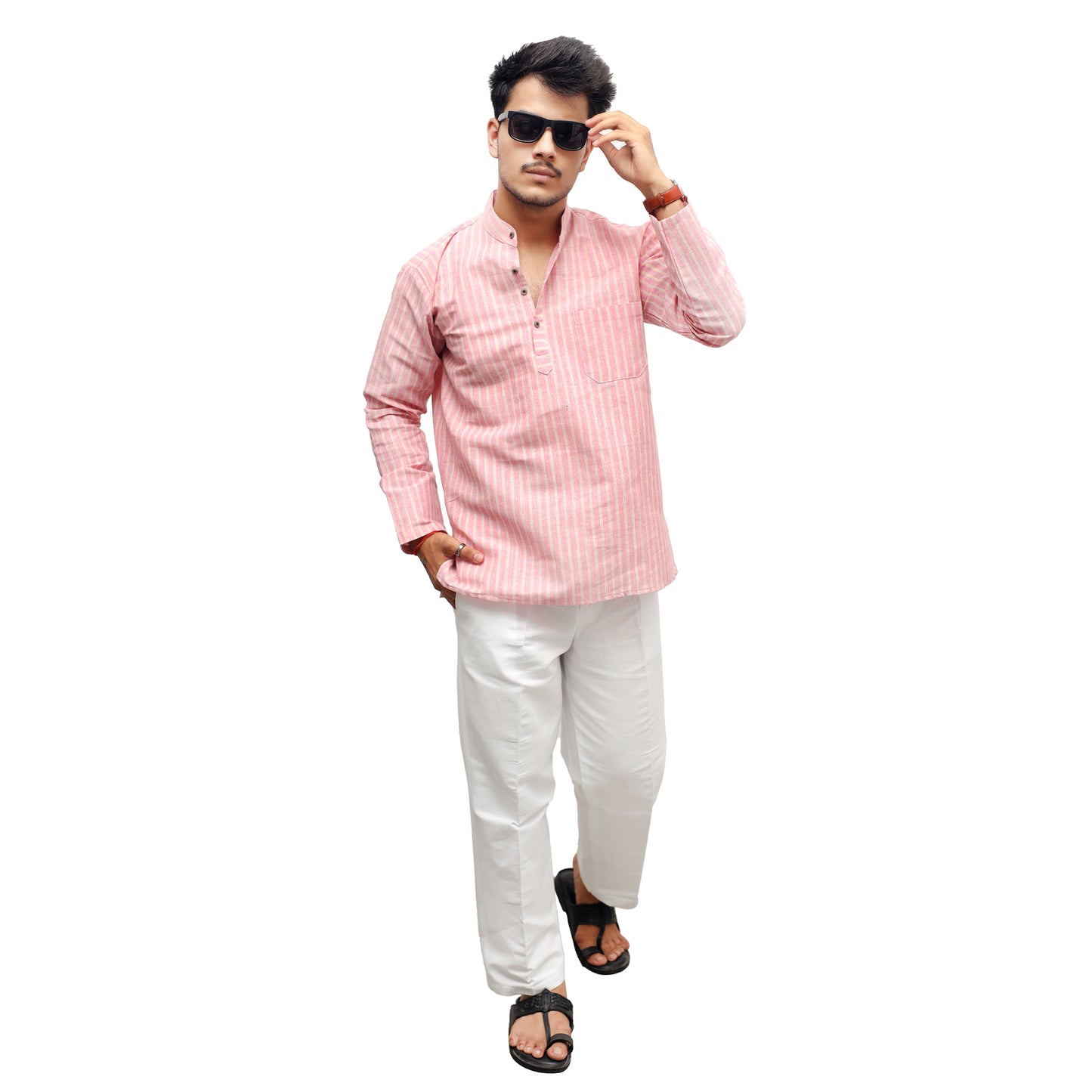 Golden Striped Full Sleeves Short Kurta-Pink