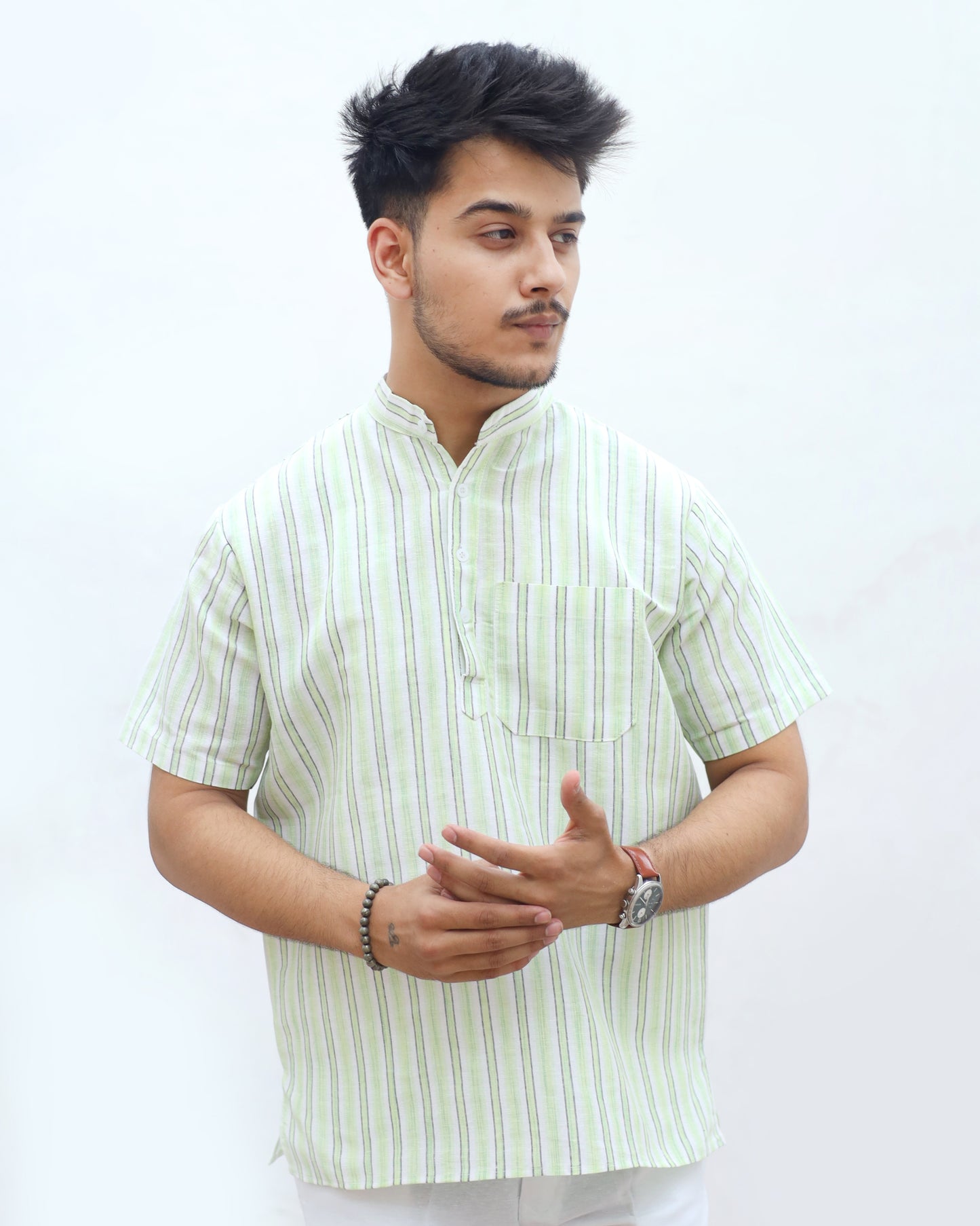 White Striped Half Sleeves Short Kurta-Green