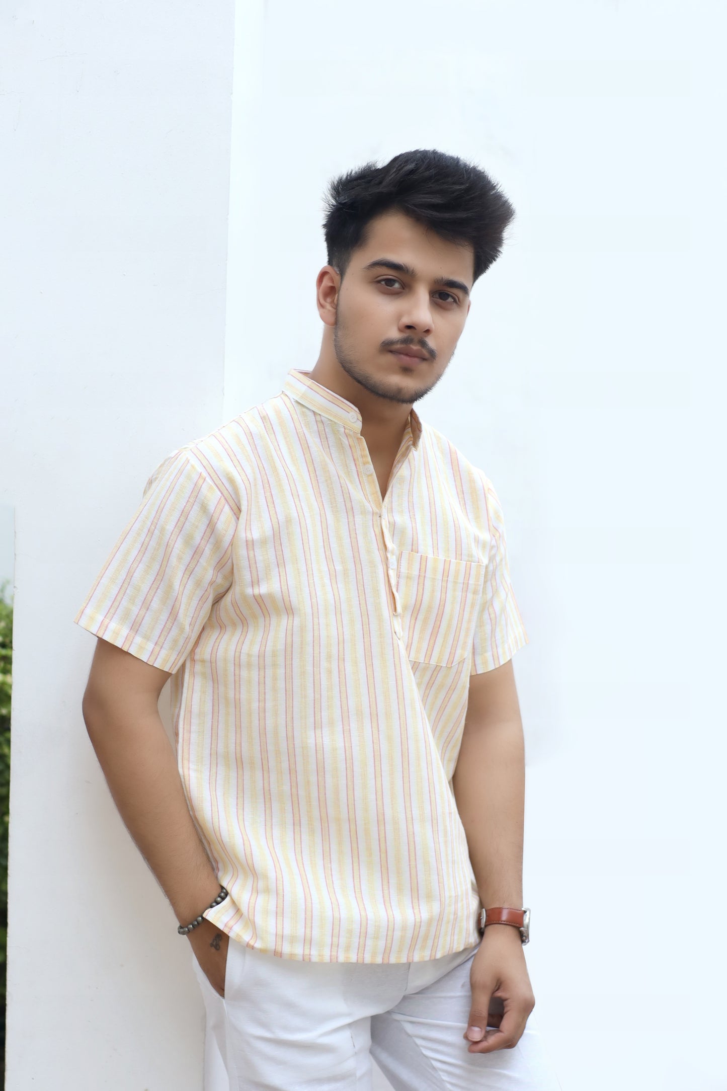 White Striped Half Sleeves Short Kurta-Yellow
