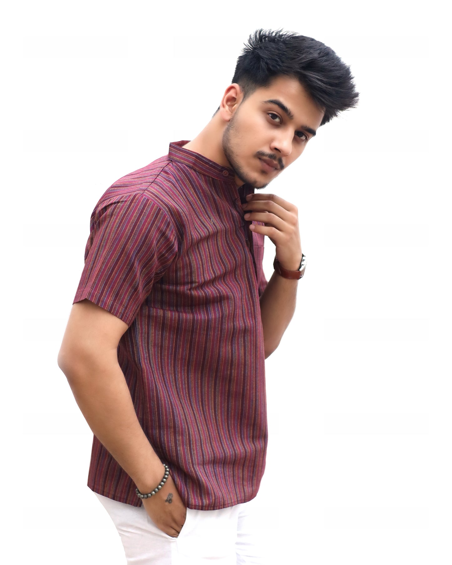 KHADI RED SHORT KURTA HALF SLEEVES