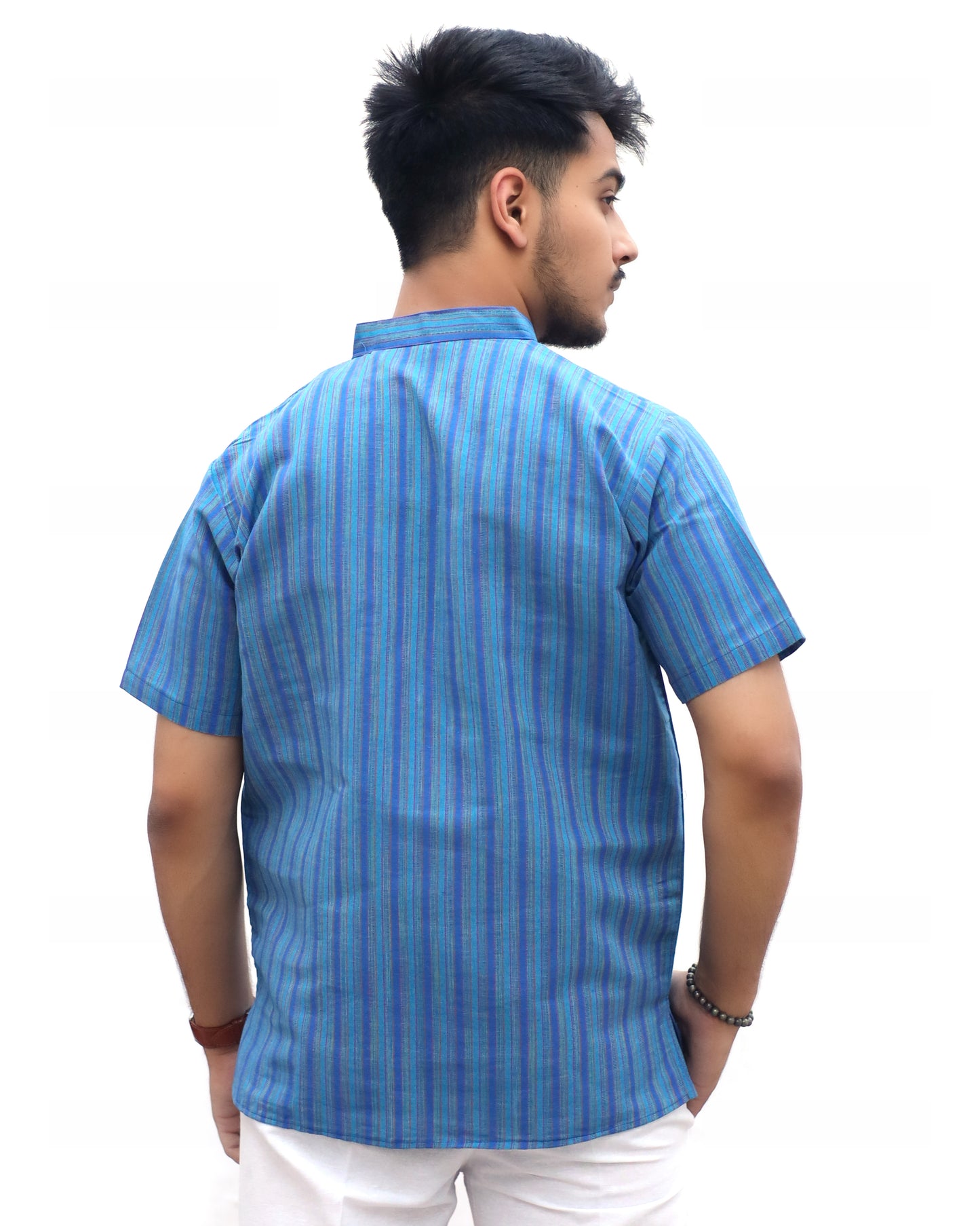 KHADI BLUE SHORT KURTA HALF SLEEVES