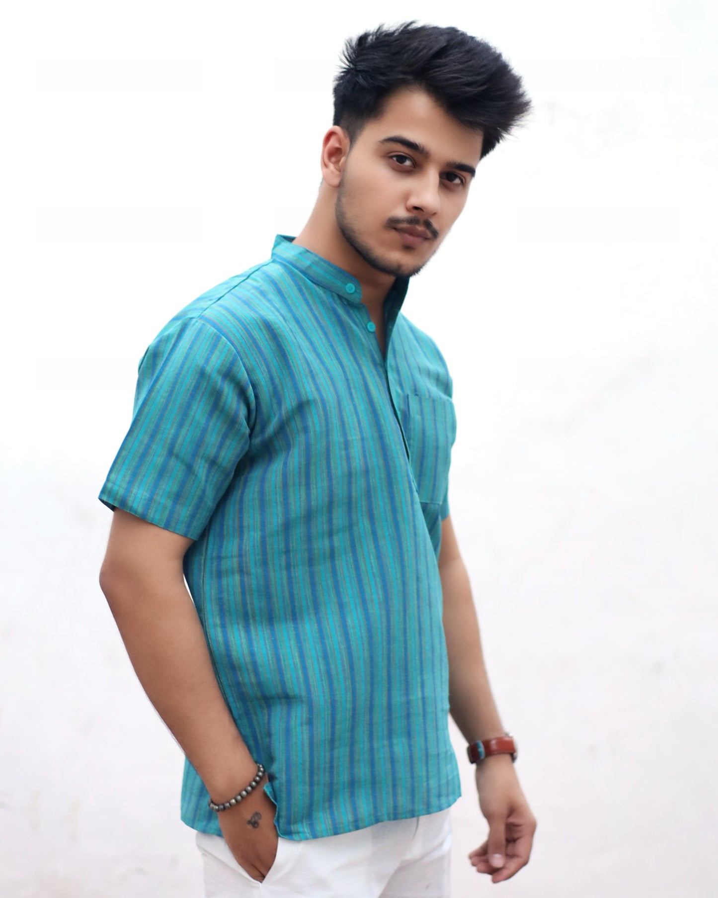 KHADI LIGHT BLUE SHORT KURTA HALF SLEEVES