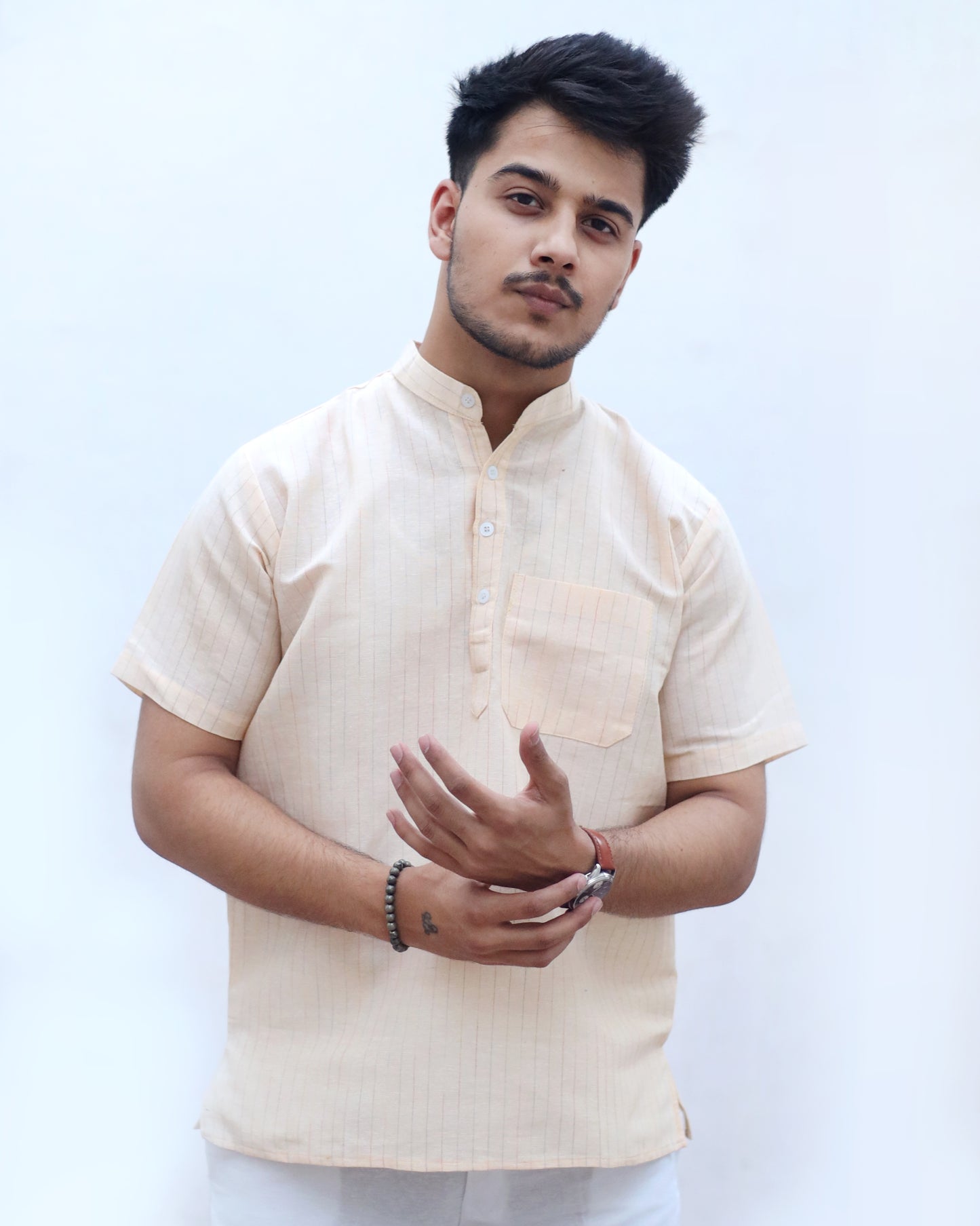 KHADI YELLOW SHORT KURTA HALF SLEEVES