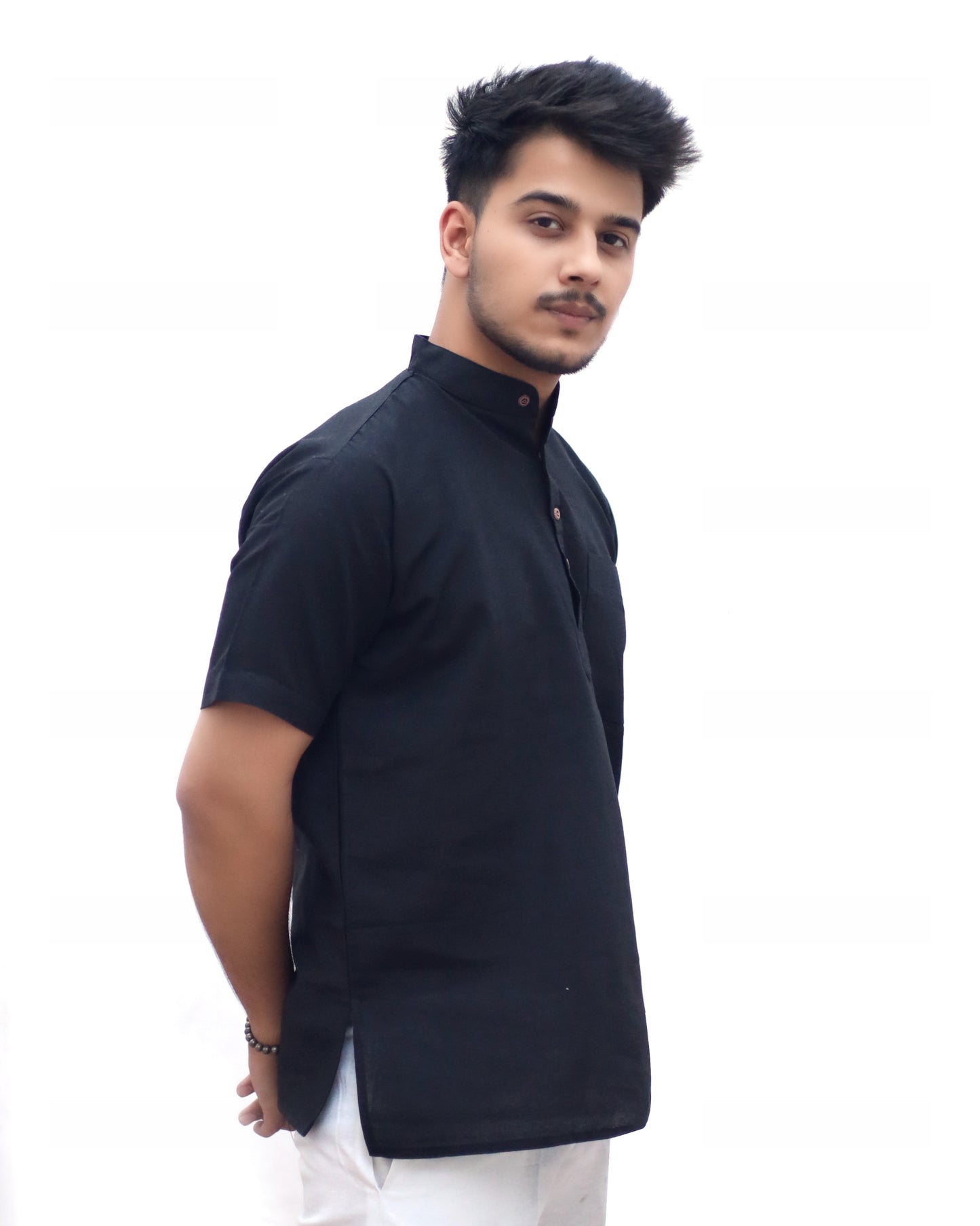 Solid Half Sleeves Short Kurta-Black