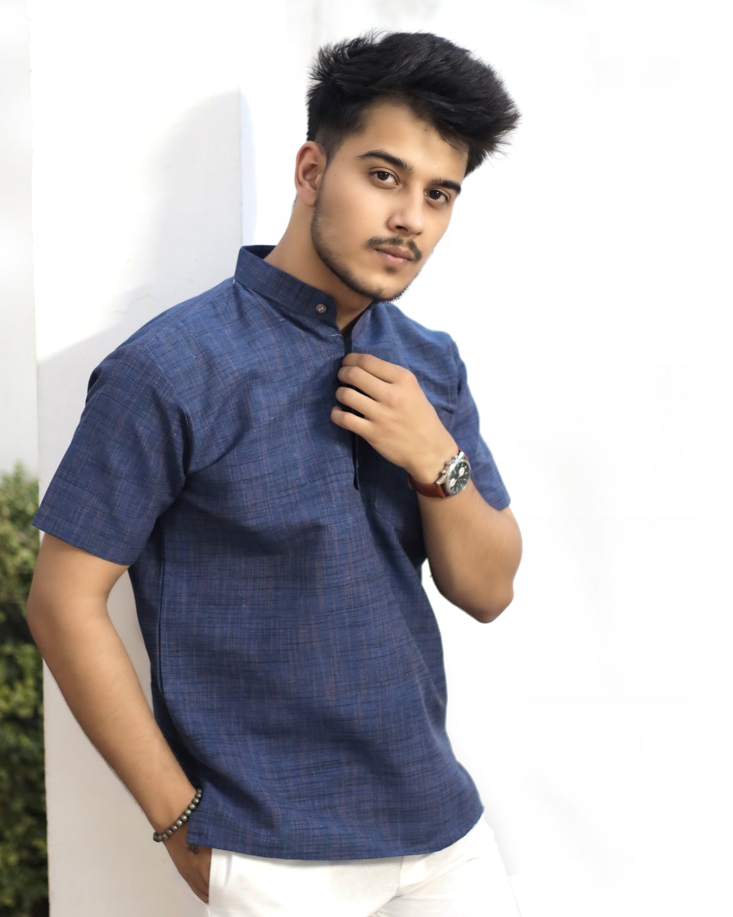 KHADI BLUE DARK JHARNA SHORT KURTA HALF SLEEVES