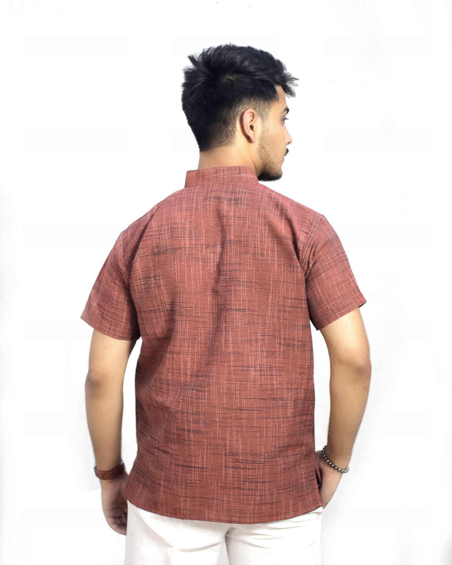 KHADI ORANGE DARK JHARNA SHORT KURTA HALF SLEEVES