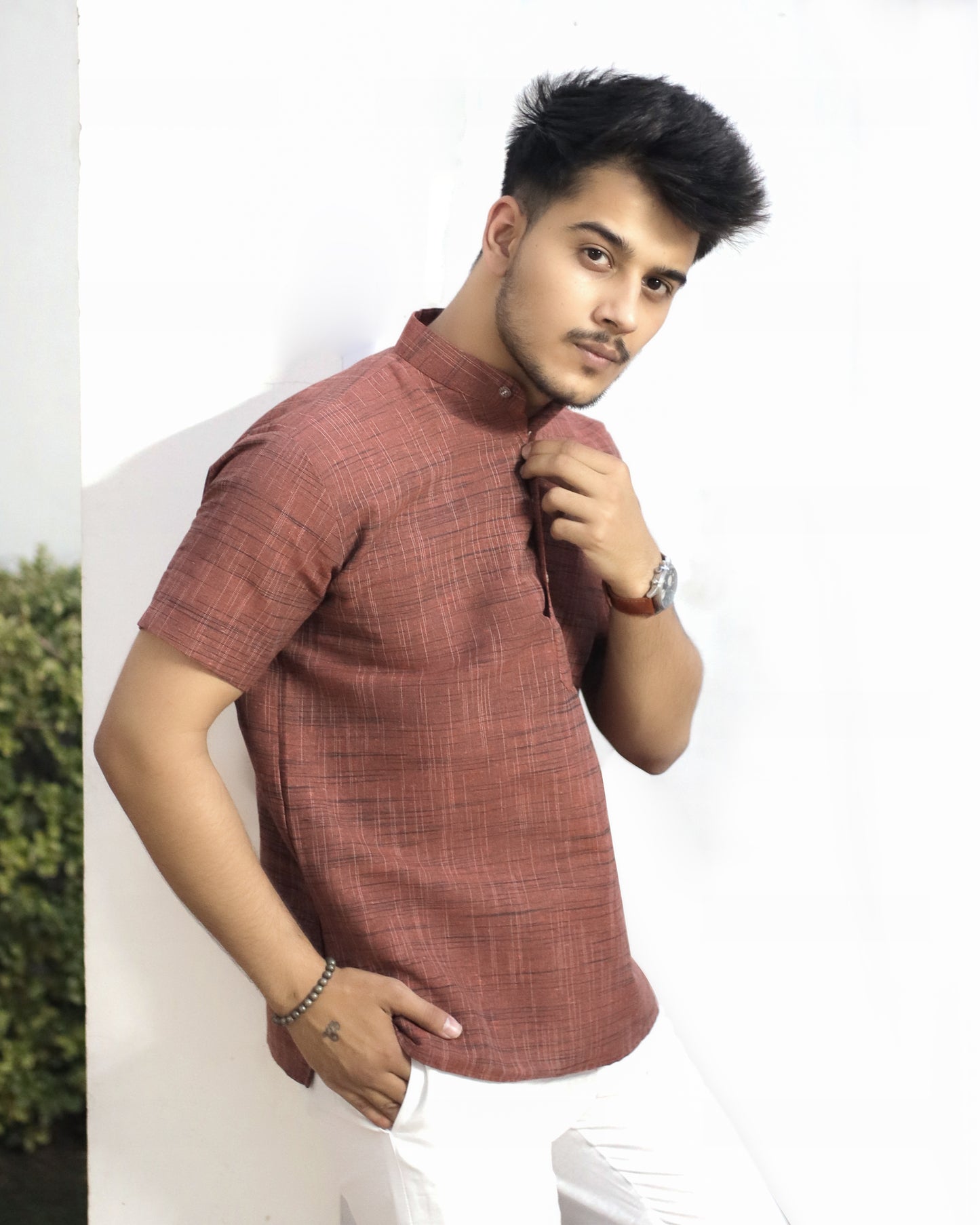 KHADI ORANGE DARK JHARNA SHORT KURTA HALF SLEEVES