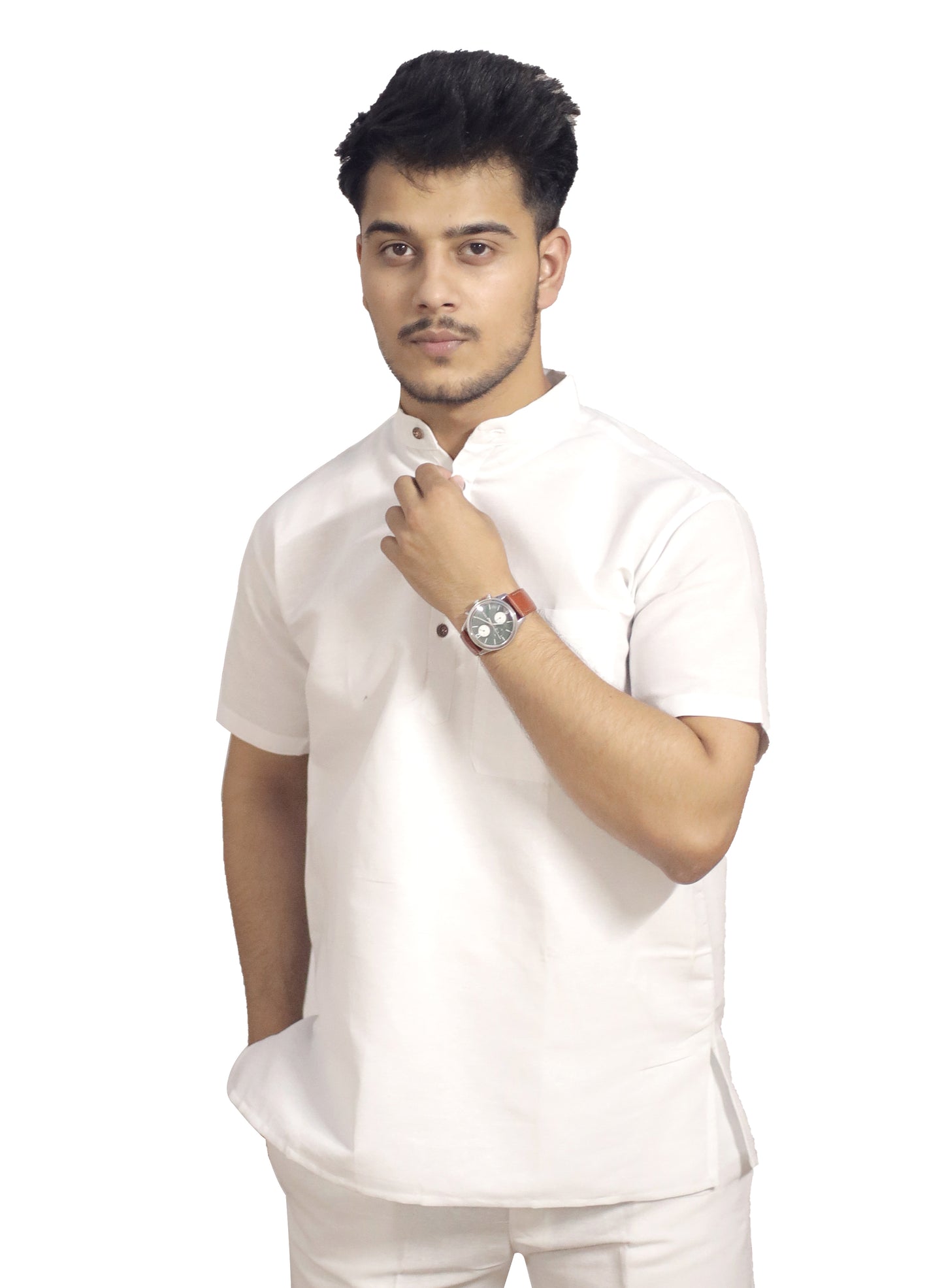 KHADI WHITE SHORT KURTA HALF SLEEVES