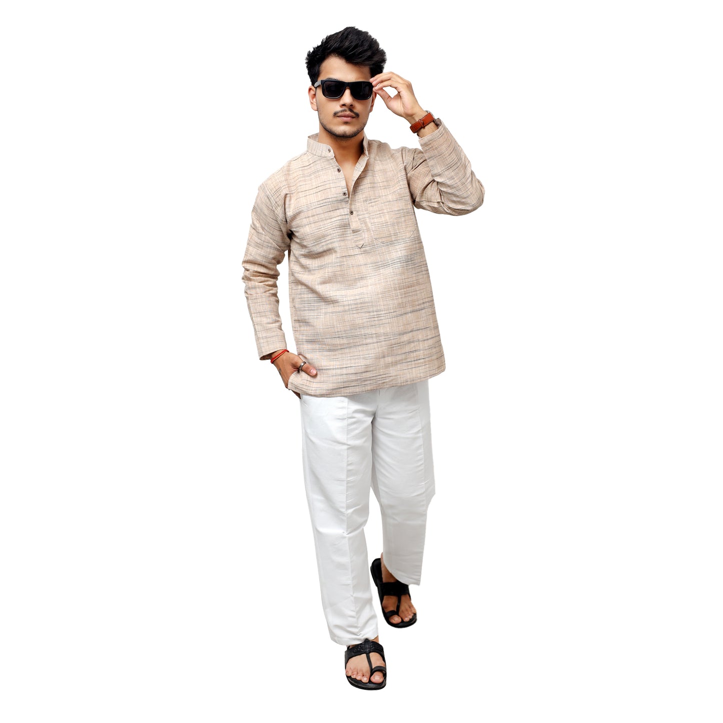 Light Jharna Full Sleeves Short Kurta-Beige
