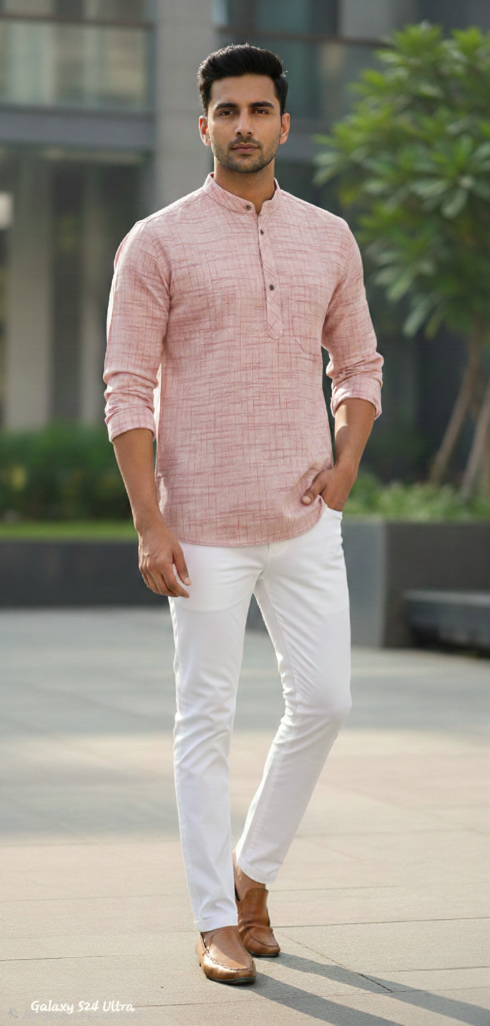 Man wearing a pink checkered shirt and white pants standing outdoors.