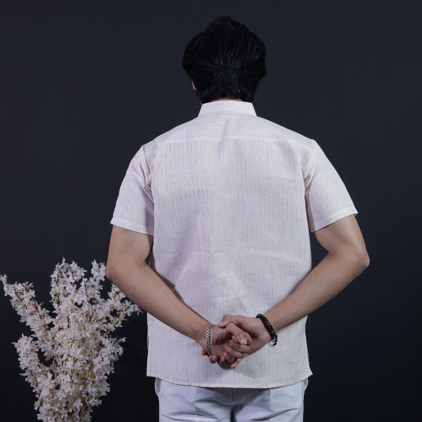 LoomStripe Half Sleeves Short Kurta-Beige