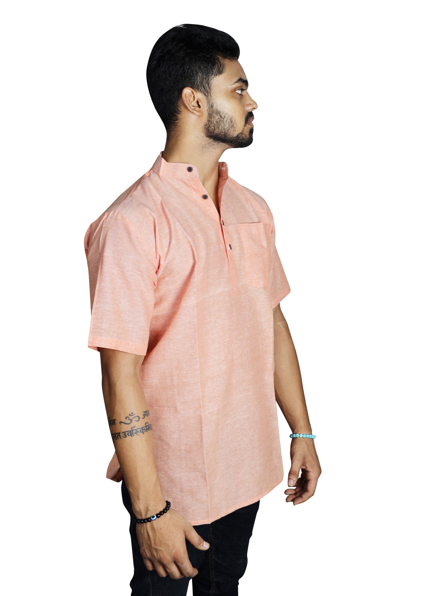 KHADI LIGHT ORANGE SHORT KURTA HALF SLEEVES