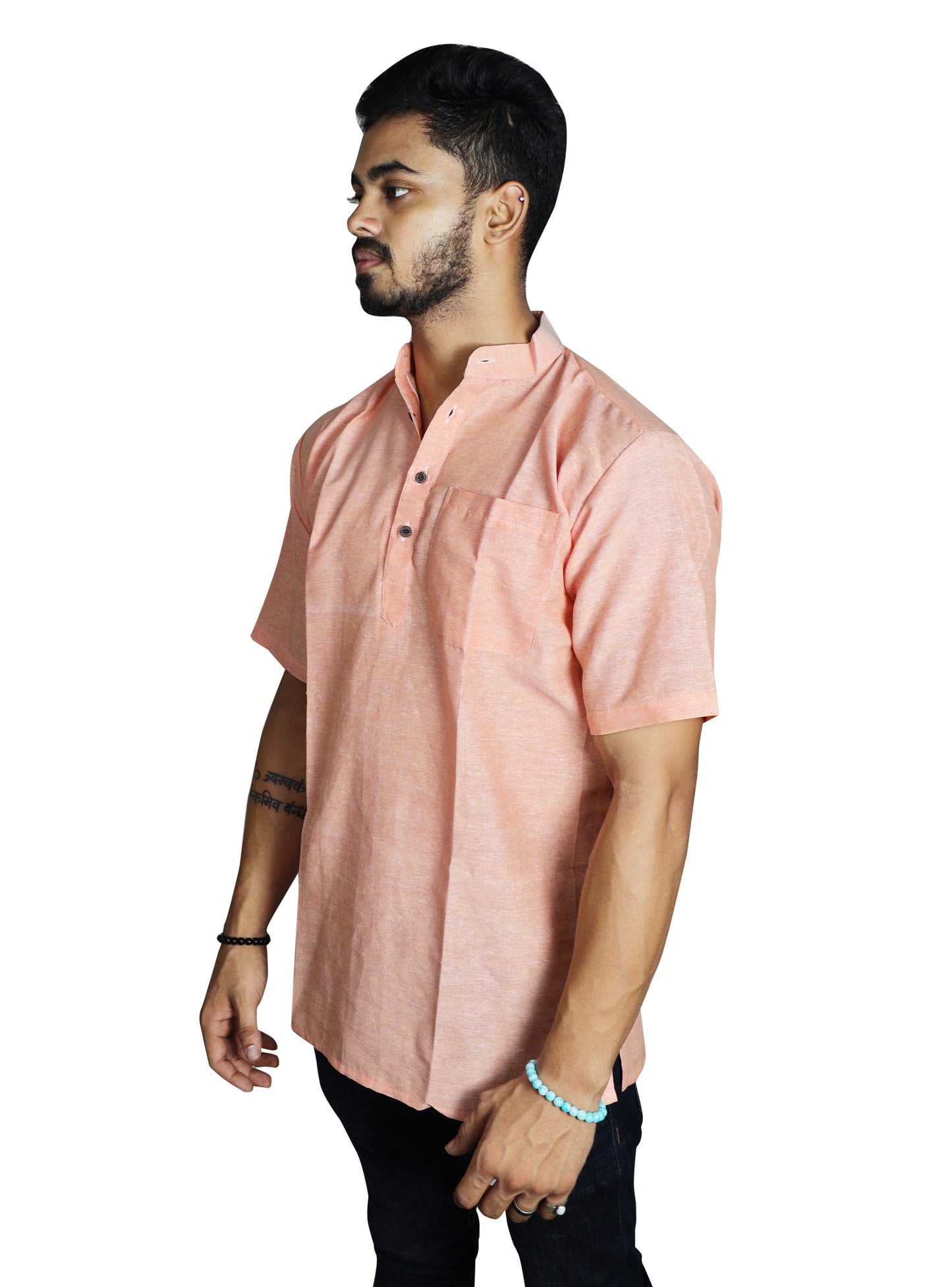 KHADI LIGHT ORANGE SHORT KURTA HALF SLEEVES