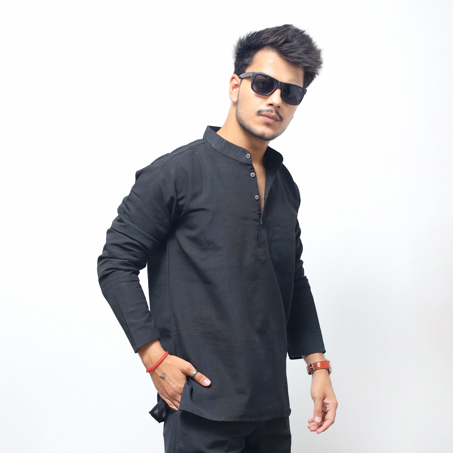 Solid Full Sleeves Short Kurta-Black