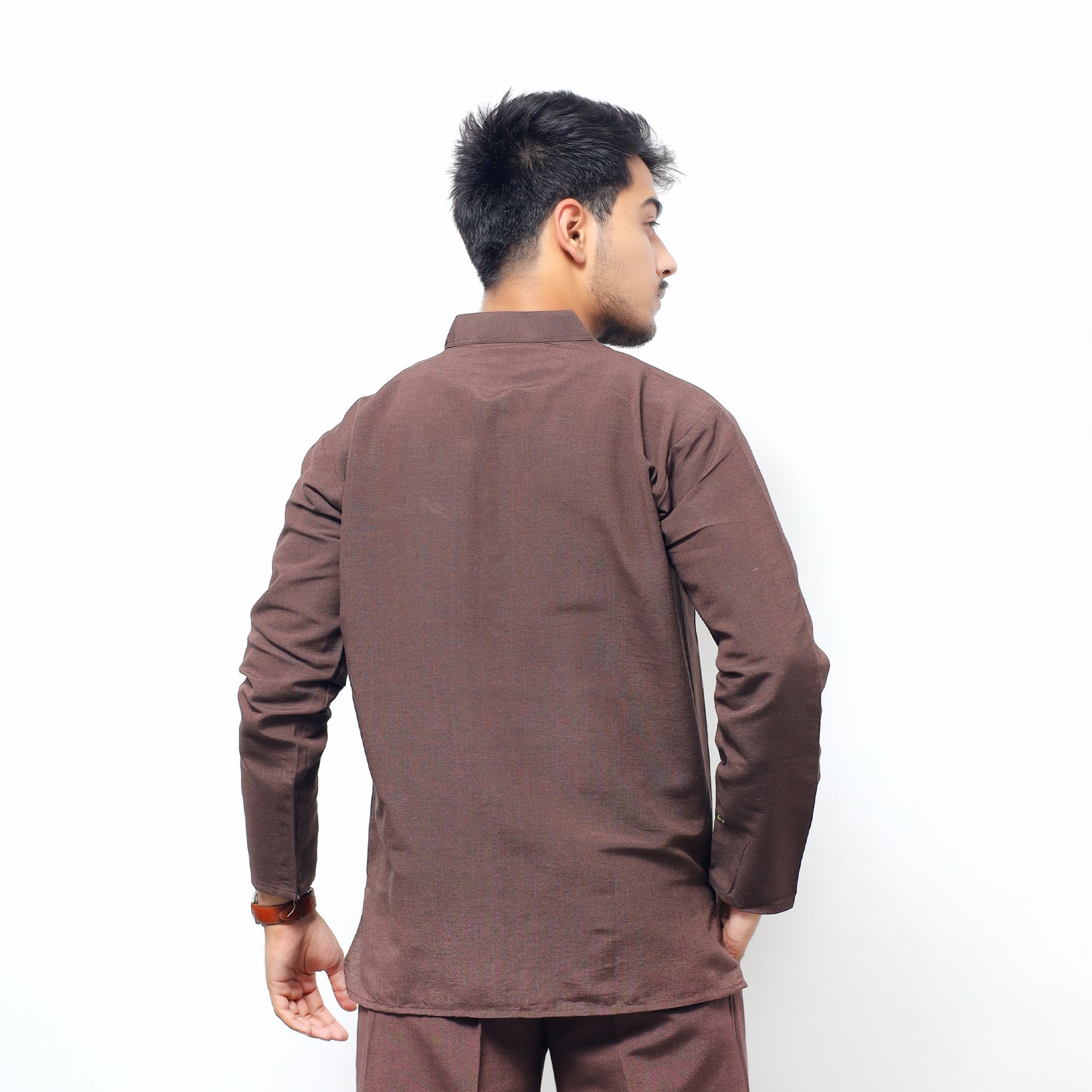 Solid Full Sleeves Short Kurta-Brown