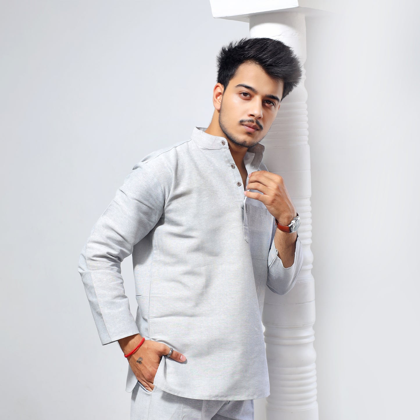 Solid Full Sleeves Short Kurta-Gray