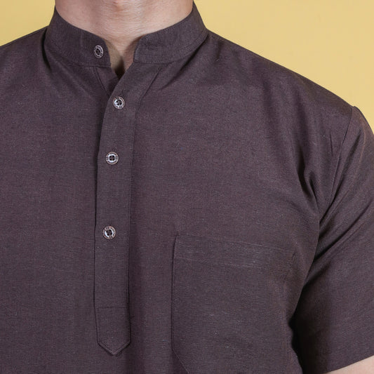 Solid Half Sleeves Short Kurta-Brown
