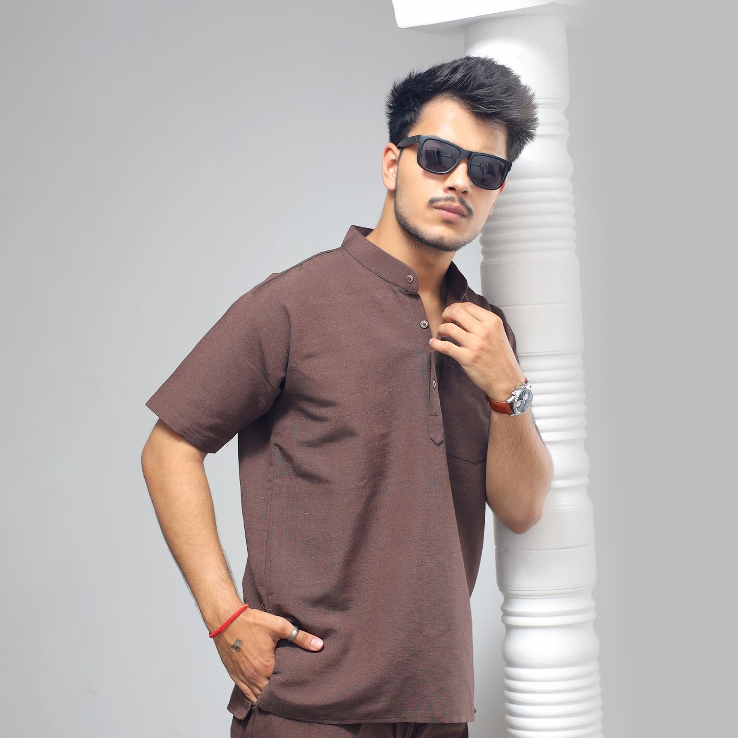 Solid Half Sleeves Short Kurta-Brown