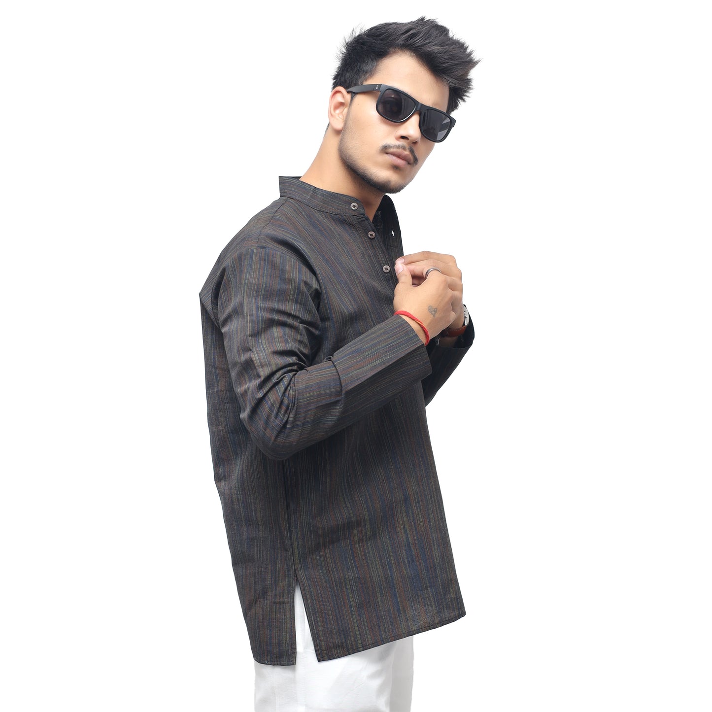 Thread Lines Full Sleeves Short Kurta Black