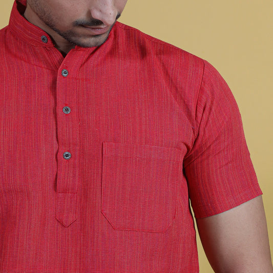 Thread Lines Half Sleeves Short Kurta-Red