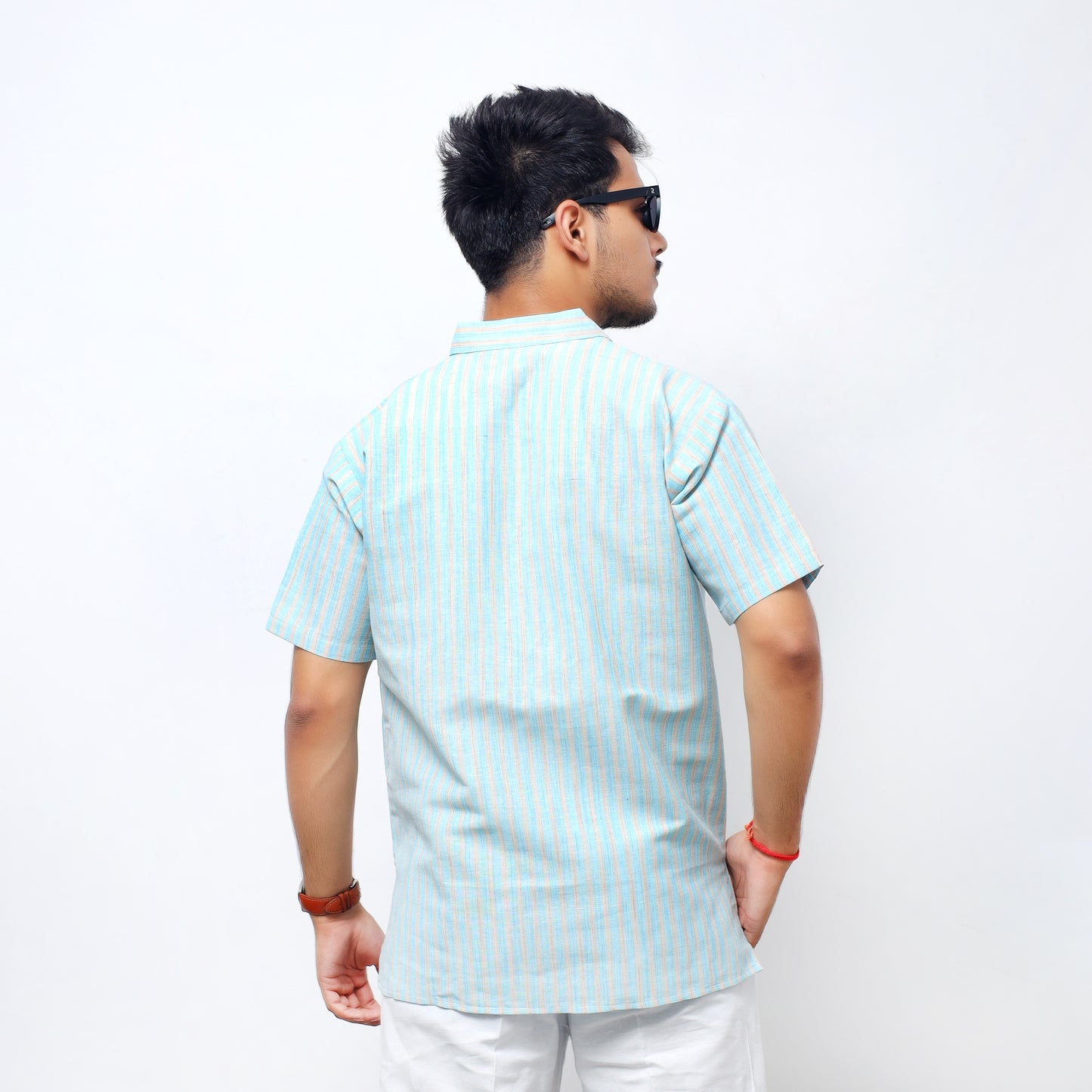 Golden Striped Half Sleeves Short Kurta-Blue