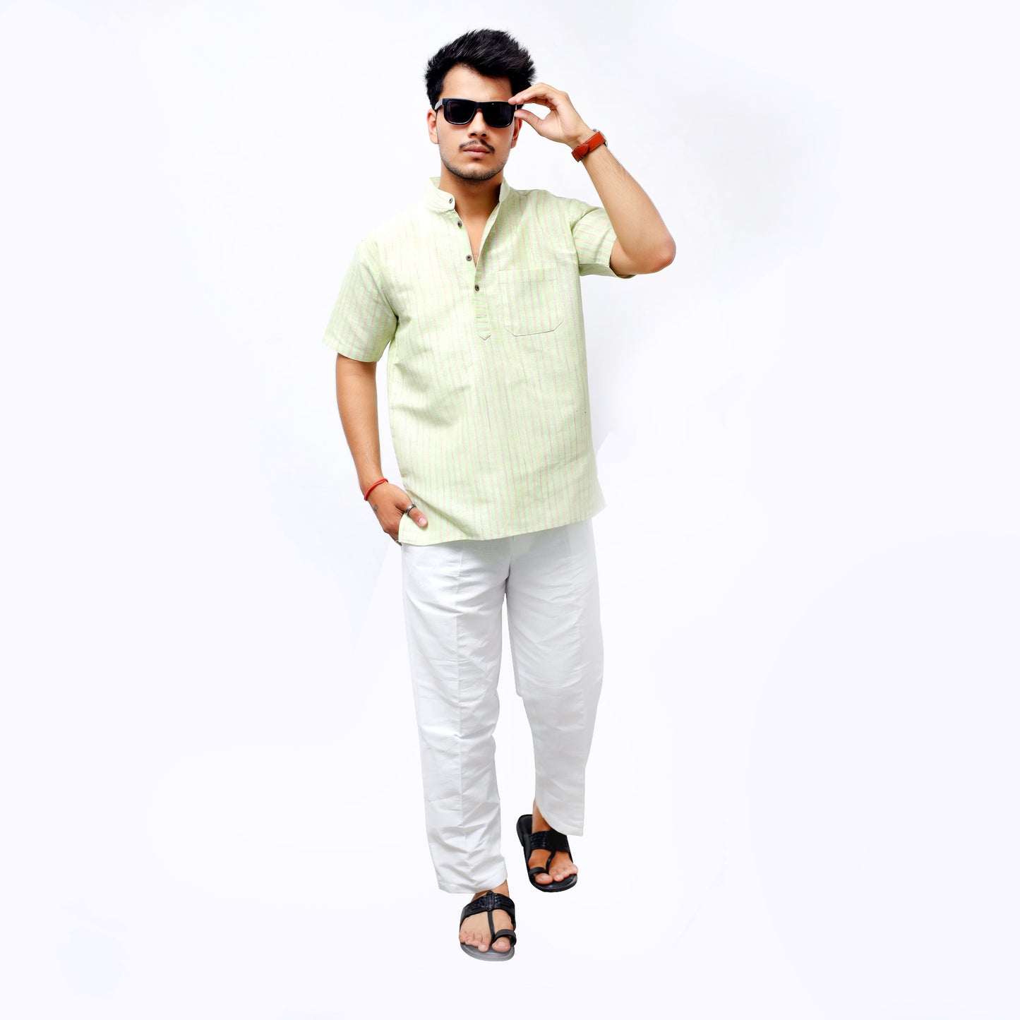 Golden Striped Half Sleeves Short Kurta-Green