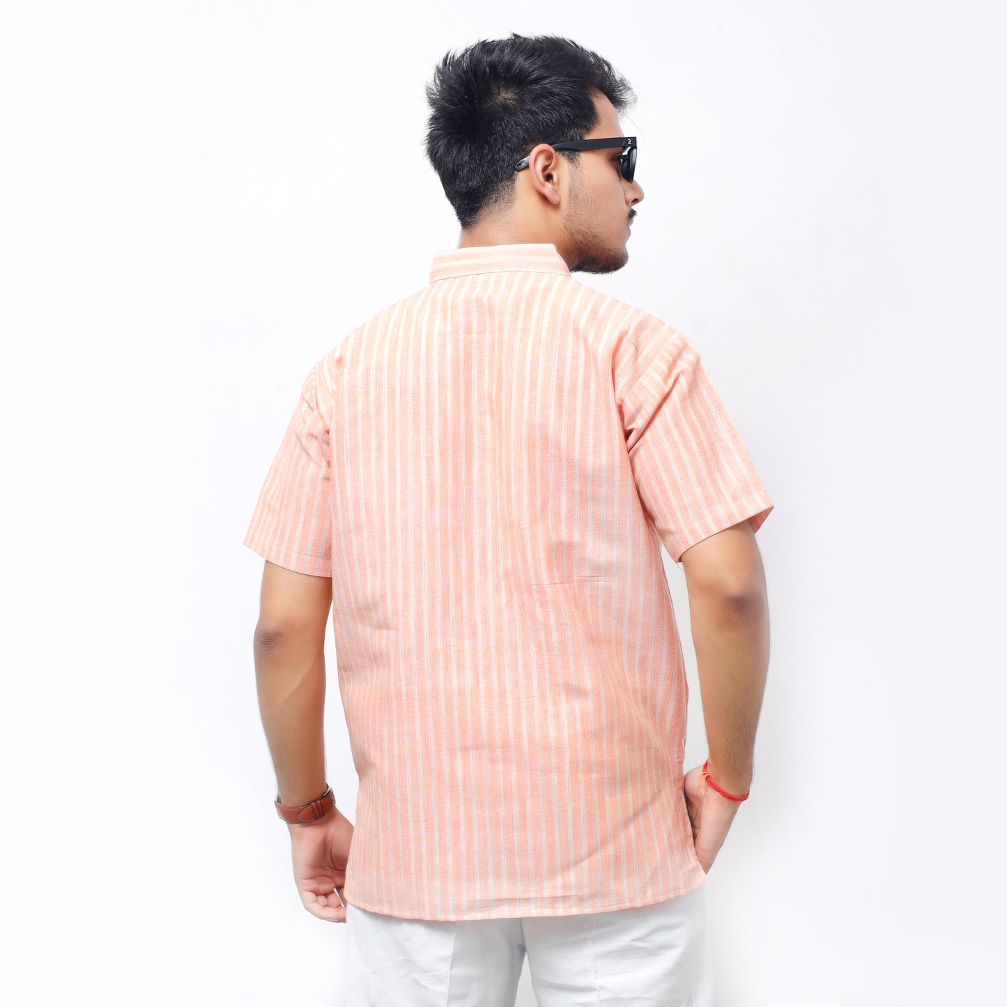 Golden Striped Half Sleeves Short Kurta-Orange