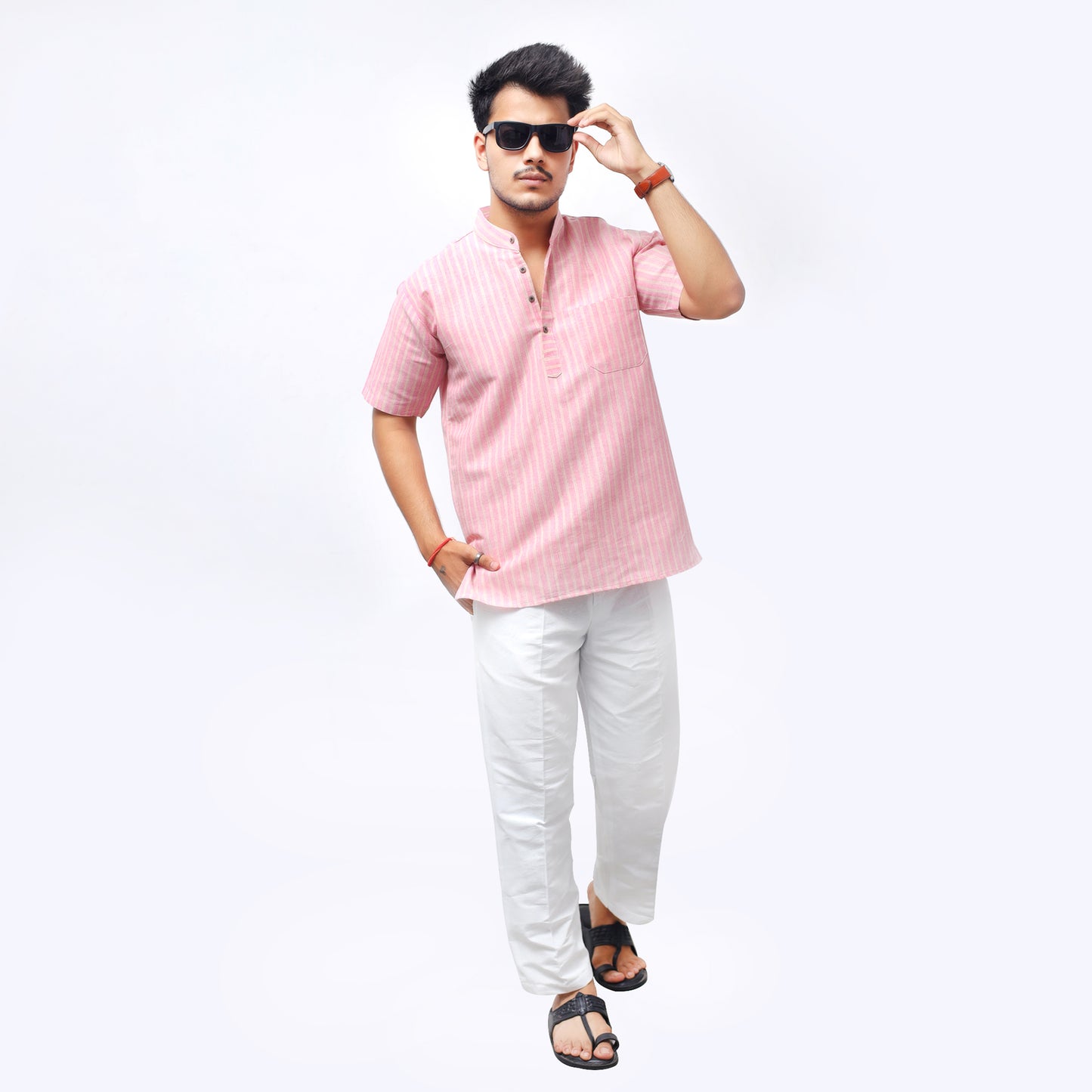 Golden Striped Half Sleeves Short Kurta-Pink