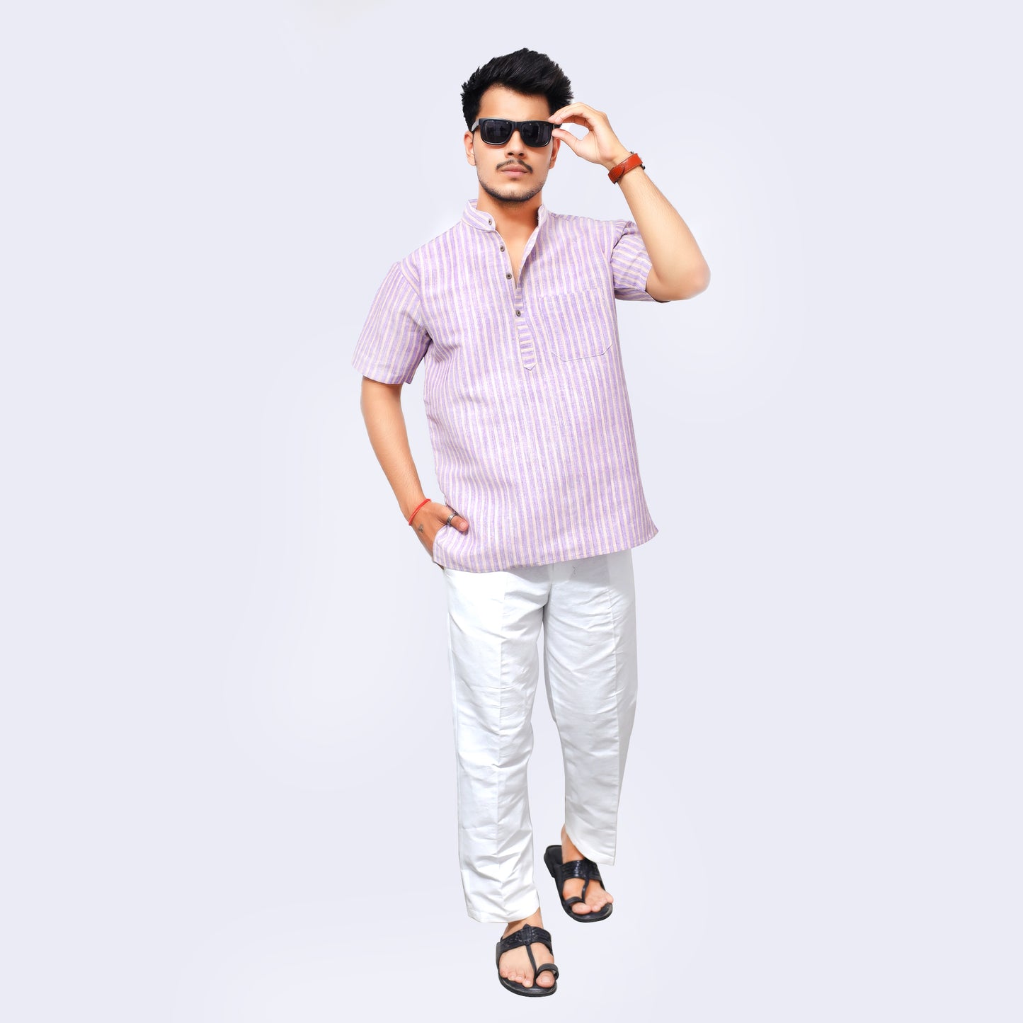Golden Striped Half Sleeves Short Kurta-Purple
