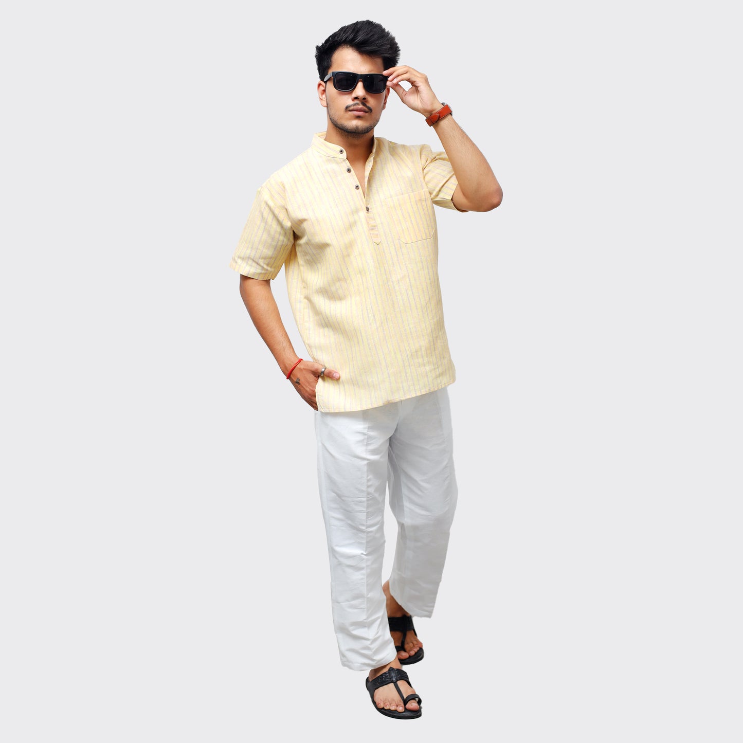 Golden Striped Half Sleeves Short Kurta-Yellow