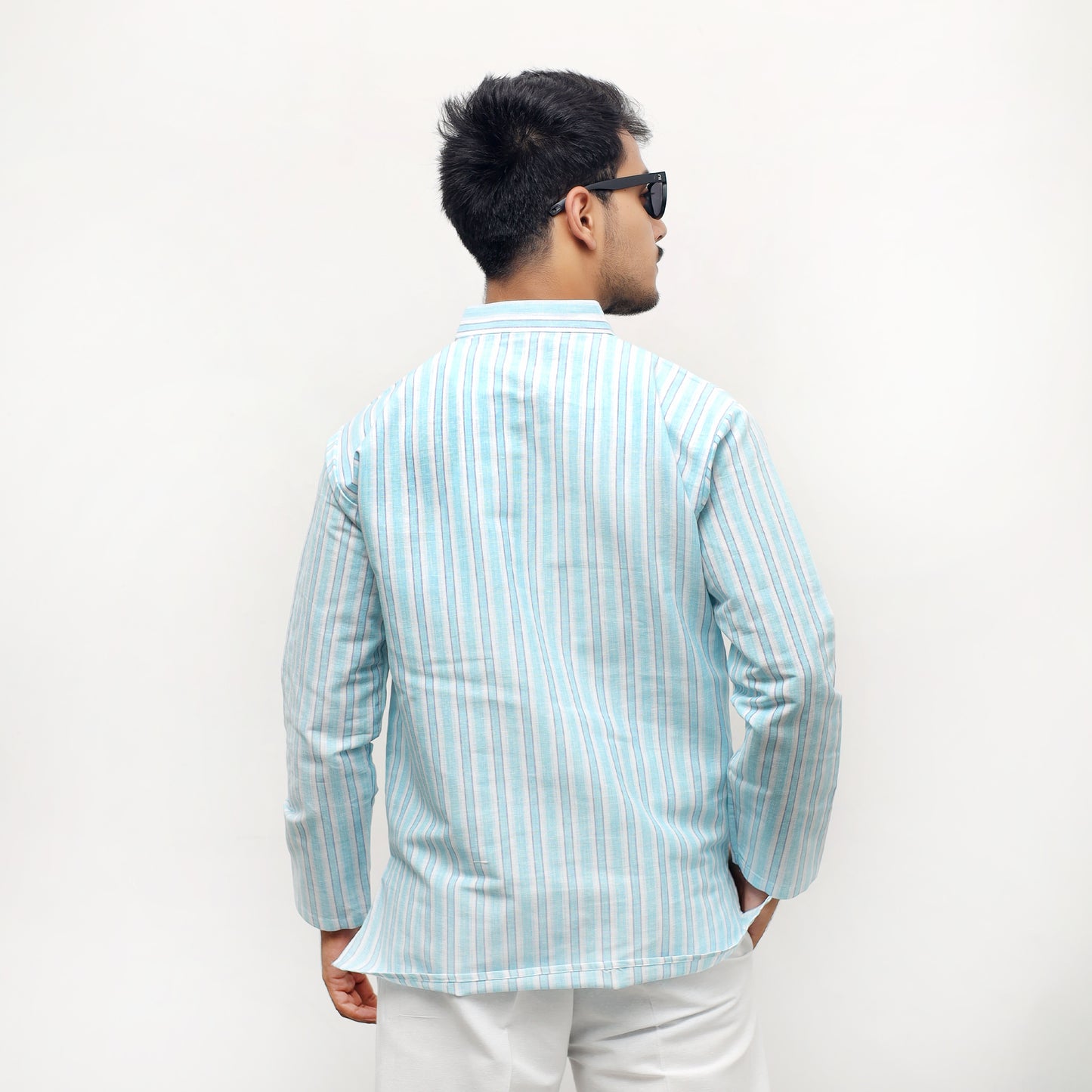 Combo Set White Striped Full Sleeves Kurta Pant-Blue