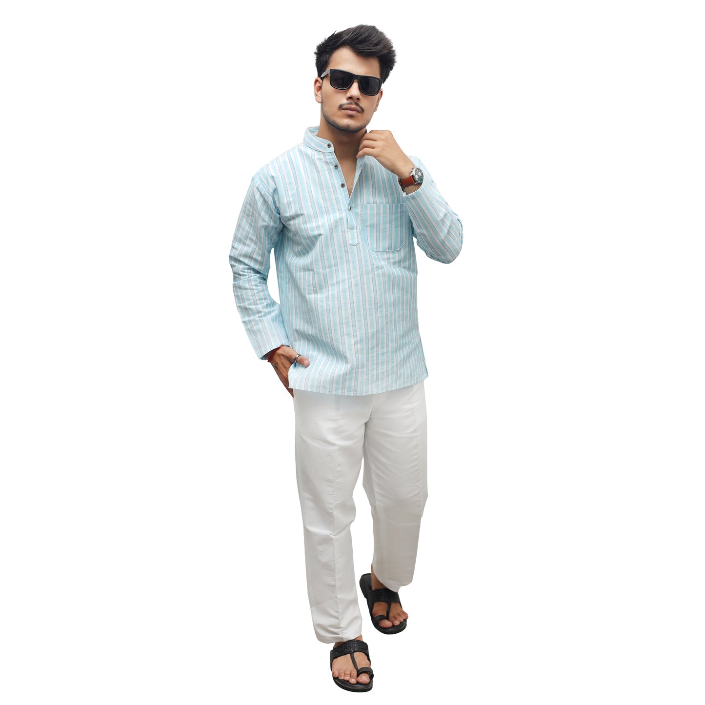 White Striped Full Sleeves Short Kurta-Blue