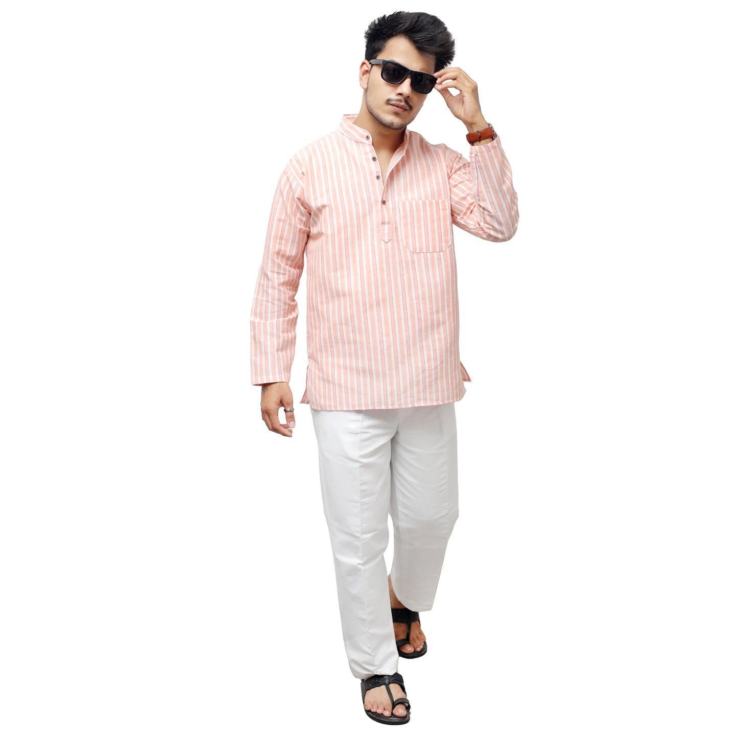 White Striped Full Sleeves Short Kurta -Orange