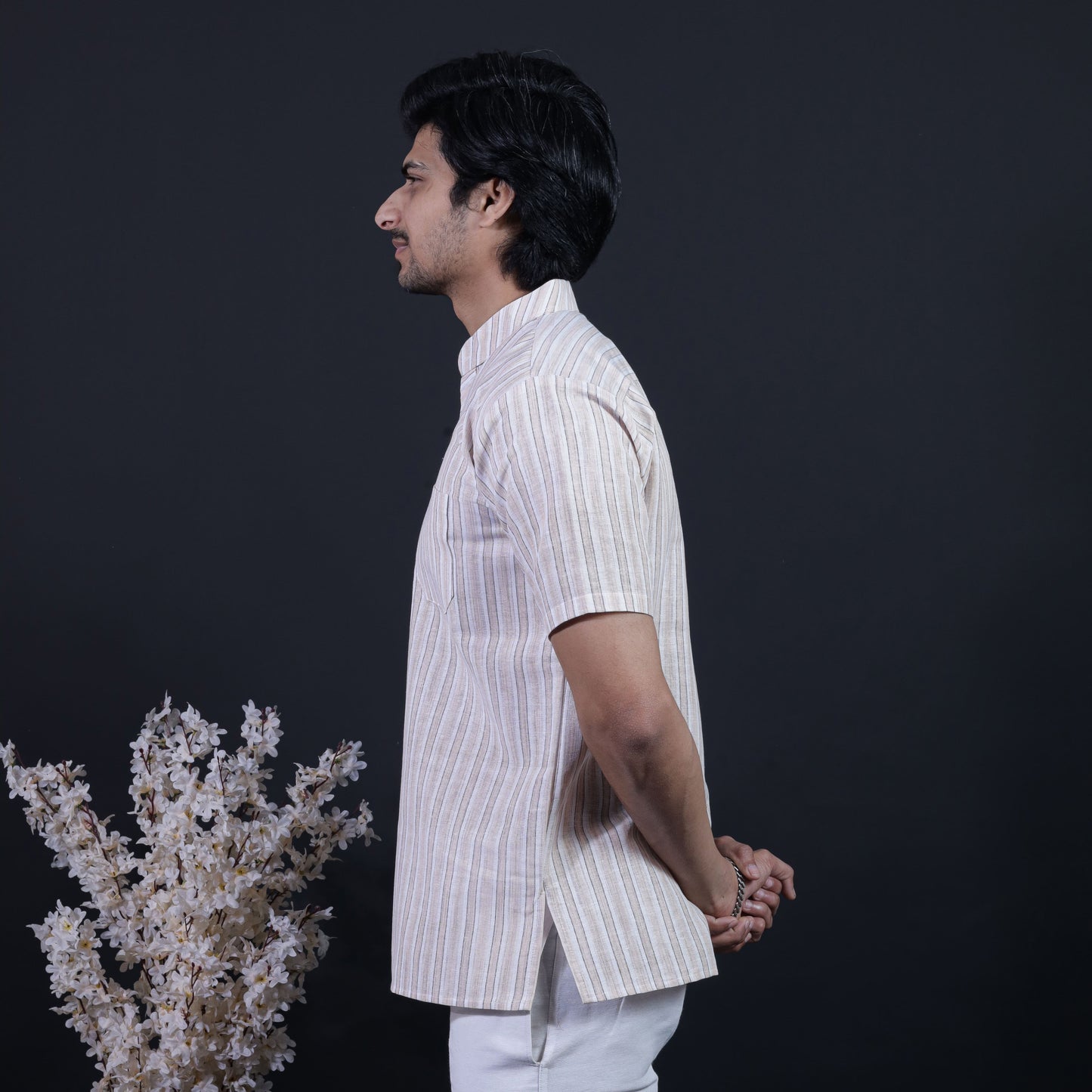 Combo Set White Striped Half Sleeves Short Kurta Pant-Skin