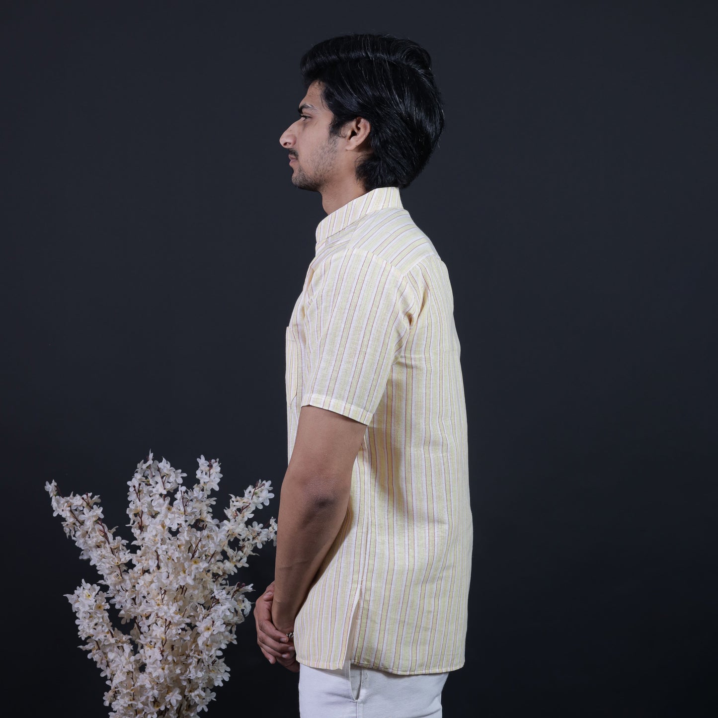 Combo Set White Striped Half Sleeves Short Kurta Pant-Yellow