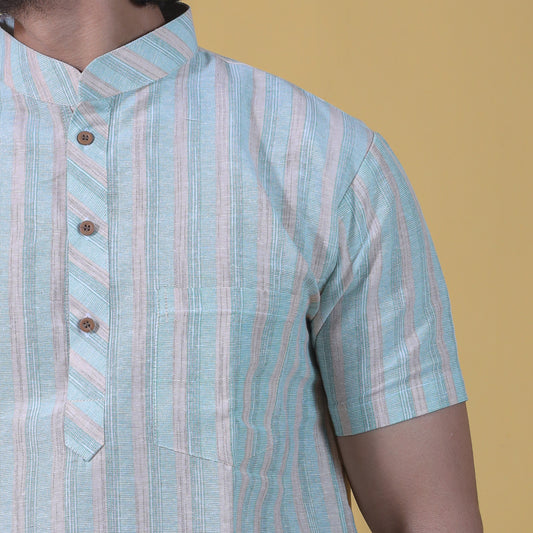 Wide Stripe Half Sleeves Short Kurta-Green