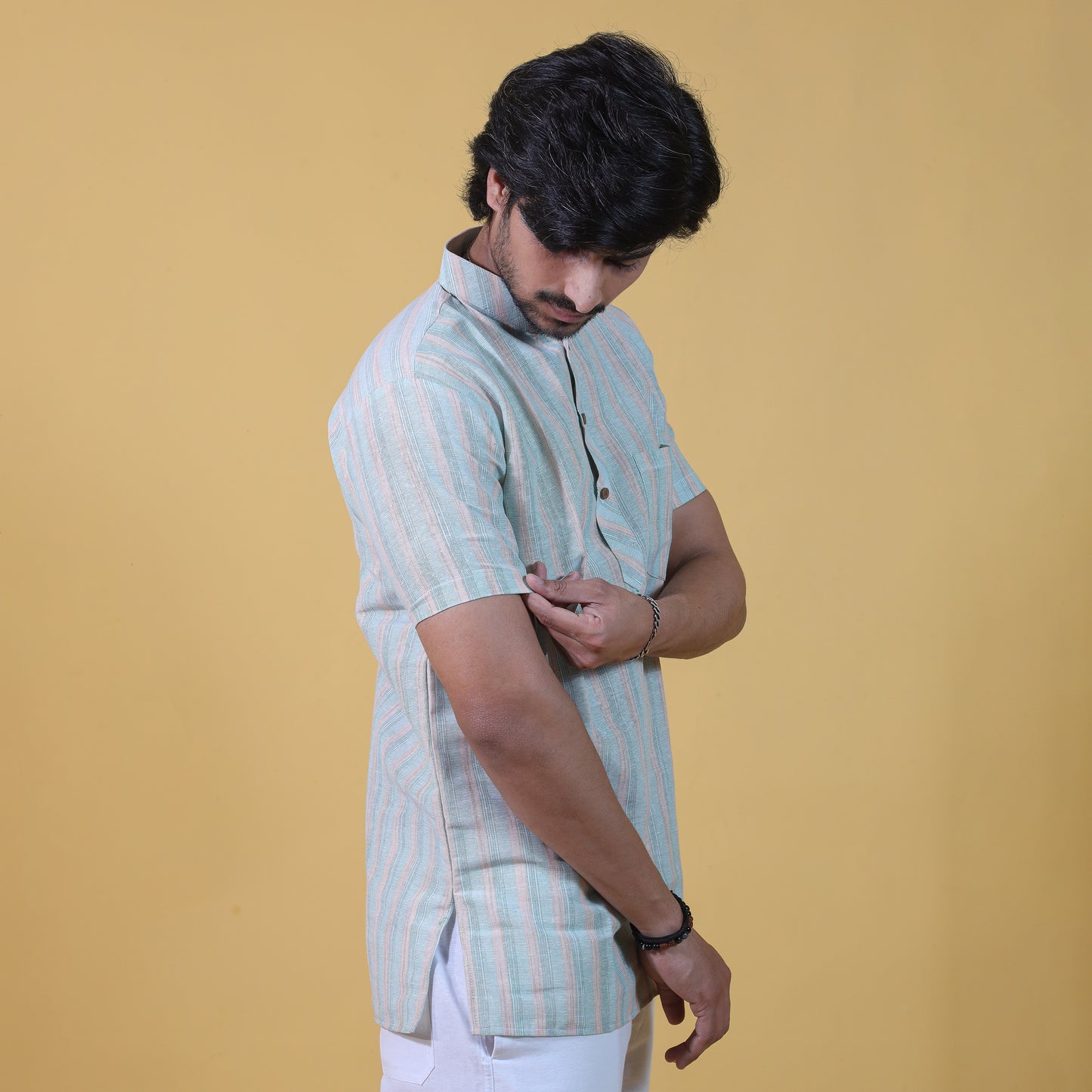 Wide Stripe Half Sleeves Short Kurta-Green