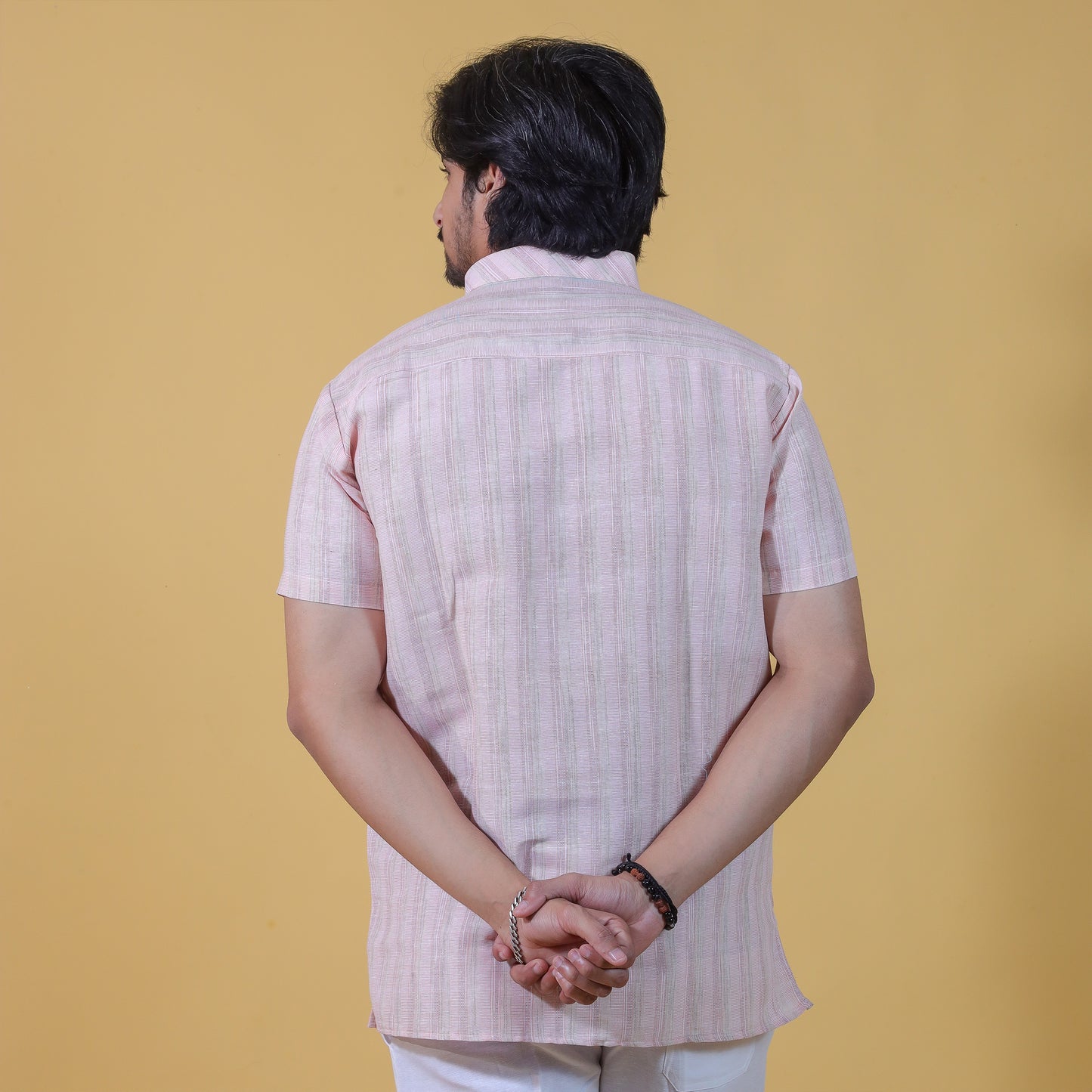 Wide Stripe Half Sleeves Short Kurta-Light Pink